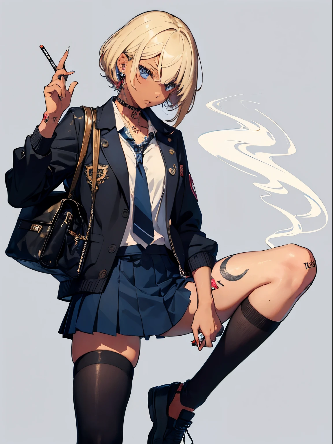 (masterpiece:1.3), (best quality:1.3), (ultra-detailed:1.3), (illustration:1.2), (an extremely delicate and beautiful:1.3),(Best quality, 8k, 32k, Masterpiece, UHD:1.2),Photo of Pretty girl, top quality, best quality, unity, 8k wallpaper, official art, extremely detailed  wallpaper,(perfectanatomy:1.2),(1girl),(blond hair cut,earrings),(dark skin:1.3),(school Bancho,full body tattoo:1.5),(bad student:1.5),(Smoke a cigarette:1.3),15yo,child,flat chest,(at school:1.3),full body,acrobatic pose,(Cross-legged position:1.2)