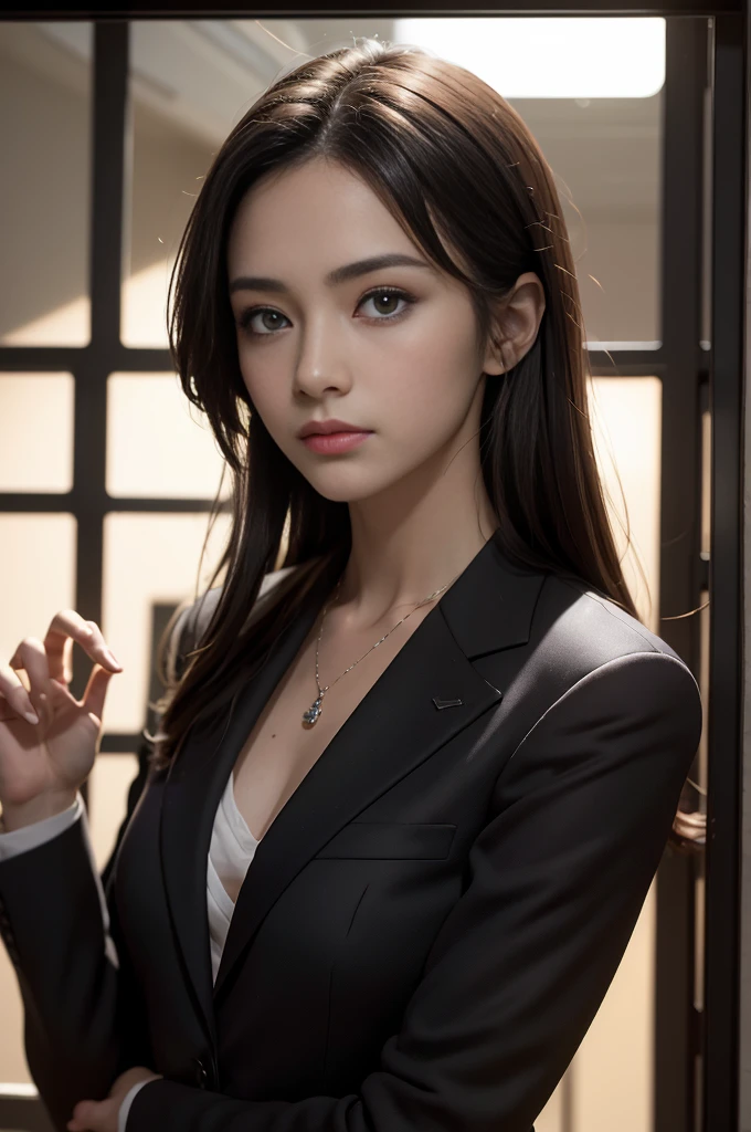 (Photoreal Stick:1.5, masutepiece:1.5, 8K), (top-quality, masterpiece, 超A high resolution), Perfect dynamic composition, Professional camera work:1.4, Highly detailed skin and facial texture:1.3, Mystical portrait:1.3, Grow Light Effect, The ultra-detailliert, 1girl in, ((Night view from inside the building, Please turn off the lights in the room, Night light shines through the glass)), (V Neck Shirt Black Tailored Suit Suit Jacket), Model body type, Clear face, Detailed hand, Beautiful and detailed eyes, (Enraptured look:0.7, i love you completely:0.7), A mouthfeel that feels beautiful eros, Dark brown medium hair, the chest is medium, a necklace, Only the upper body is visible