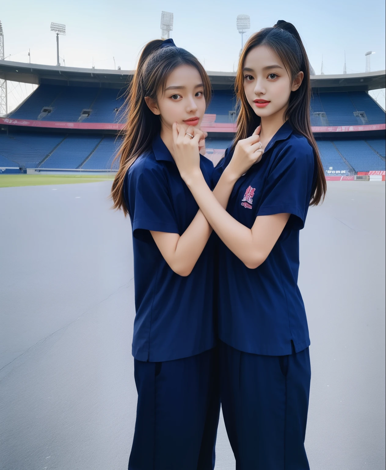 (bestquality,10,10,highres,masterpiece:1.2),ultra-detail,(Realistic,photorealistic portrait,photo-realistic:1.37),1 Cute girl in the football field,oily shiny skin,bara,light smile,BDclothelue shirt:1.3)),short sleeves,shirt, trousers.,(navy_long_Pants Track:1.1), ((Stadium Background:1.3)),dynamic angle,excited,face focus,Dynamic Poses,from behide,Ass Focus,masterpiece, bestquality, ultra realistic, hyper-detail, 8k resolution, RAW photo, crisp focus, ((Navy blue shirt:1.1)), short sleeves, Long Path, Perfect body, 2 mature women, 18yo, cinematic light,Blue sweatpants,Gymware,Correct anatomy,Complete body, Correct body, sharp face, Anatomically correct body, full entire body, Realistic gestures, long-haired, Realistic poses,Wear long shorts........................................,Long leg span,Shapely,Sculpting Girl, Slender Figure, mannequin mannequins, Shapely, Beautiful body,Blue sweatpants, Two girls kissing