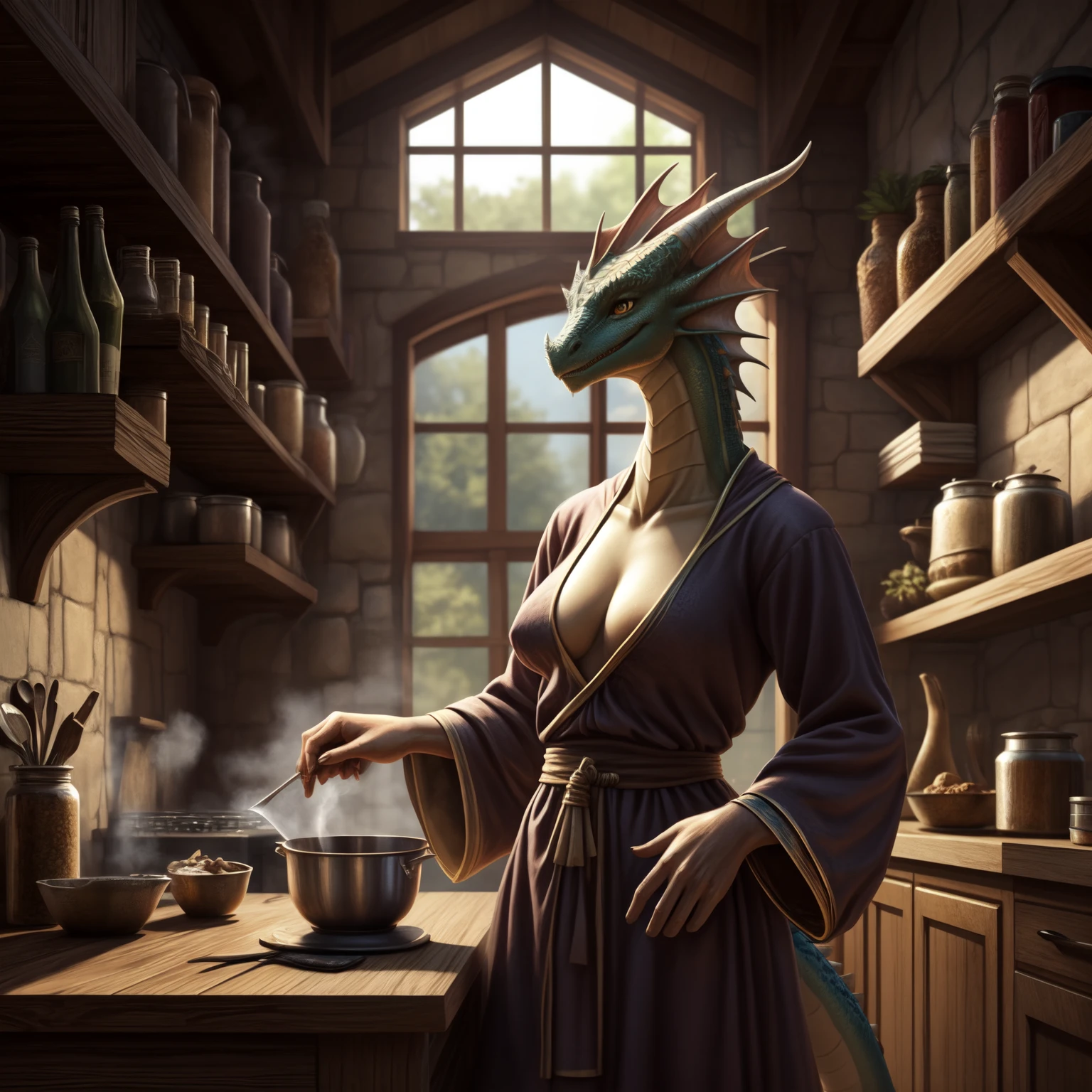Extremely detailed, computer graphics, unity, 8k wallpaper, Stunning detail, Finely detailed, Masterpiece, Best Quality, official arts, Extremely detailed computer graphics Unity 8K wallpaper, Ultra-detailed, hight resolution, Extremely detailed, Clear, Focused, (Best Quality), (Realistic, photo-realistic:1.6), 8K, soft-lighting, hiquality, ((Seductive slender anthro dragoness in medieval robes)), Women's, anthro, dragon/Lizard's head, scaly body,,,,, in full growth, Slender breasts, scaled skin, Long red hair, membranous ears, small head, long neck, long legs, tail, Shelves with product backgrounds, The character prepares food in the kitchen, pans and pots, Steam and fire