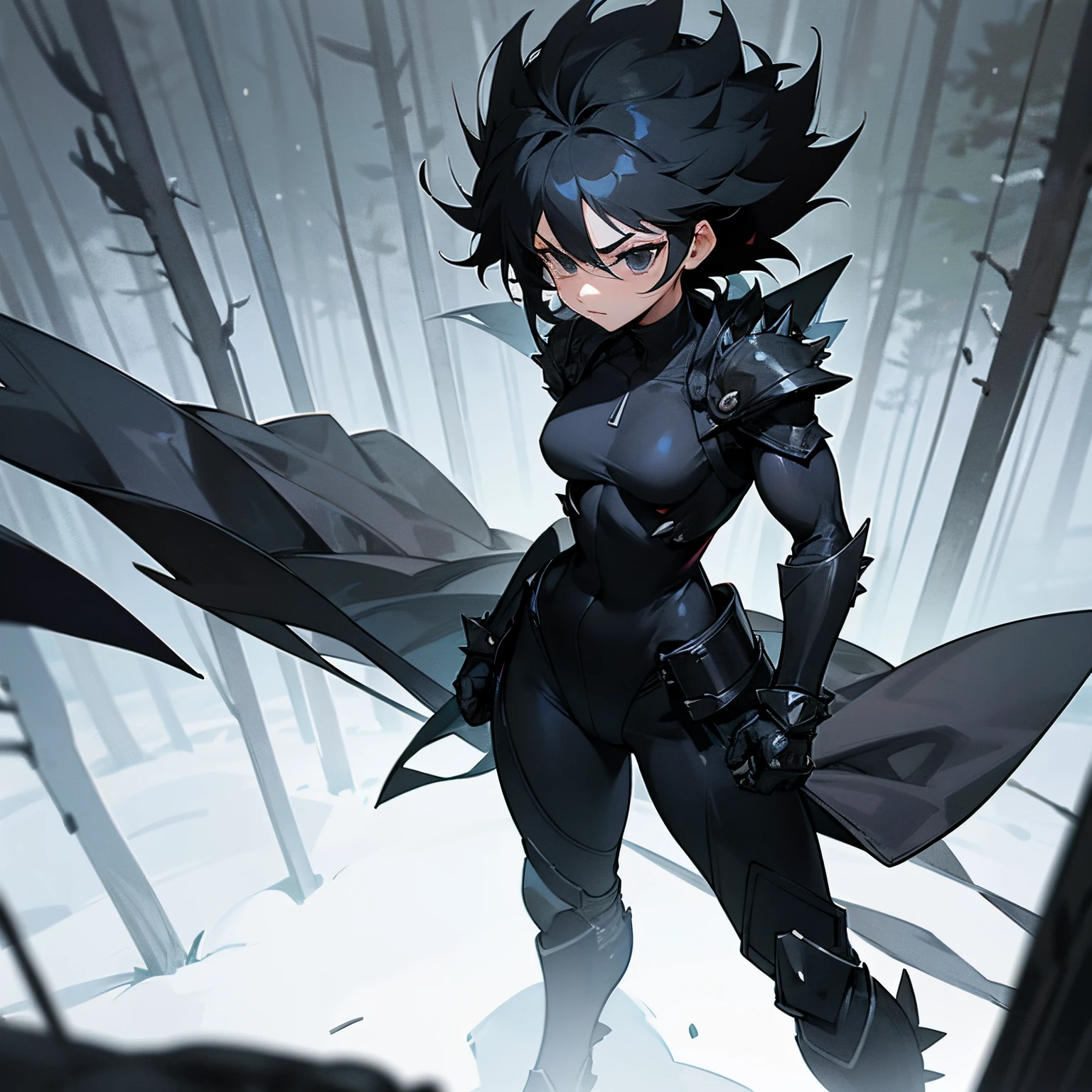 1female, , Killua hair black eyes, Black Fur Combat Clothinf, Armor Piece , standing in forest, muscular , Black Body Suit Underneath , muscular build , spiky hair