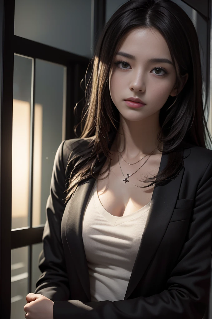 (Photoreal Stick:1.5, masutepiece:1.5, 8K), (top-quality, masterpiece, 超A high resolution), Perfect dynamic composition, Professional camera work:1.4, Highly detailed skin and facial texture:1.3, Mystical portrait:1.3, Grow Light Effect, The ultra-detailliert, 1girl in, ((Night view from inside the building, Please turn off the lights in the room, Dark atmosphere, Night light shines through the glass)), (V Neck Shirt Black Tailored Suit Suit Jacket), Model body type, Clear face, Detailed hand, Beautiful and detailed eyes, (Enraptured look:0.7, i love you completely:0.7), A mouthfeel that feels beautiful eros, Dark brown medium hair, the chest is medium, a necklace, Only the upper body is visible