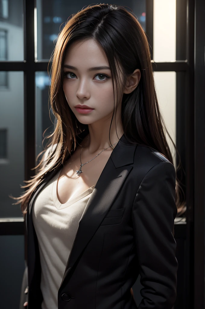 (Photoreal Stick:1.5, masutepiece:1.5, 8K), (top-quality, masterpiece, 超A high resolution), Professional camera work:1.4, Highly detailed skin and facial texture:1.3, Mystical portrait, Grow Light Effect, Perfect dynamic composition, The ultra-detailliert, night view at night:0.8, Dark atmosphere:0.8, (V-neck shirt:0.5, Black Tailored Suit, Suit jacket), Model body type, Clear face, Detailed hand, Beautiful and detailed eyes, (Enraptured look:0.7, i love you completely:0.7), A mouthfeel that feels beautiful eros, Dark brown medium hair, Small breasts, a necklace, Close-up portrait, Reflected light from the glass shines in