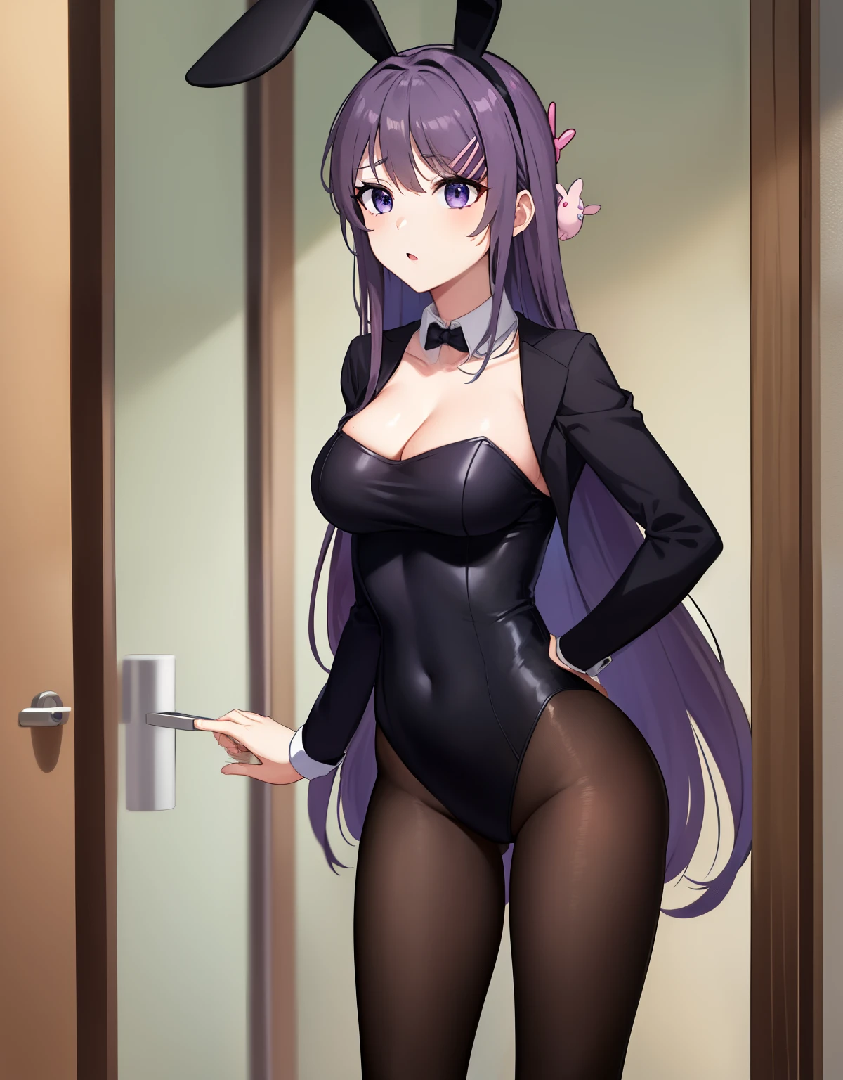 sakurajima mai, long hair, banglack hair:1.5), hair ornament, (purple eyes:1.1), hairclip, rabbit hair ornament, add text to the sound of love, add stickers hear, standing, black bunny ear, black bunny suit, cleavage, panties, medium breasts, 
,  masterpiece, best quality, highly detailed, indoors
 extremely detailed hair, shiny hair, disheveled hair,  masterpiece, best quality,, (waifu, anime, exceptional, best aesthetic, new, newest, best quality, masterpiece, extremely detailed:1.2),