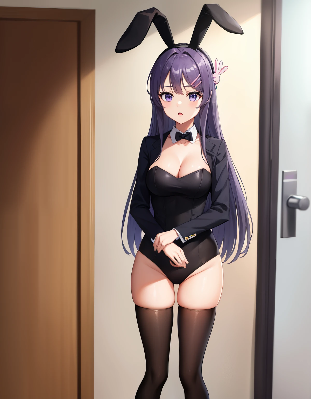 sakurajima mai, long hair, banglack hair:1.5), hair ornament, (purple eyes:1.1), hairclip, rabbit hair ornament, add text to the sound of love, add stickers hear, standing, black bunny ear, black bunny suit, cleavage, panties, medium breasts, 
,  masterpiece, best quality, highly detailed, indoors
 extremely detailed hair, shiny hair, disheveled hair,  masterpiece, best quality,, (waifu, anime, exceptional, best aesthetic, new, newest, best quality, masterpiece, extremely detailed:1.2),