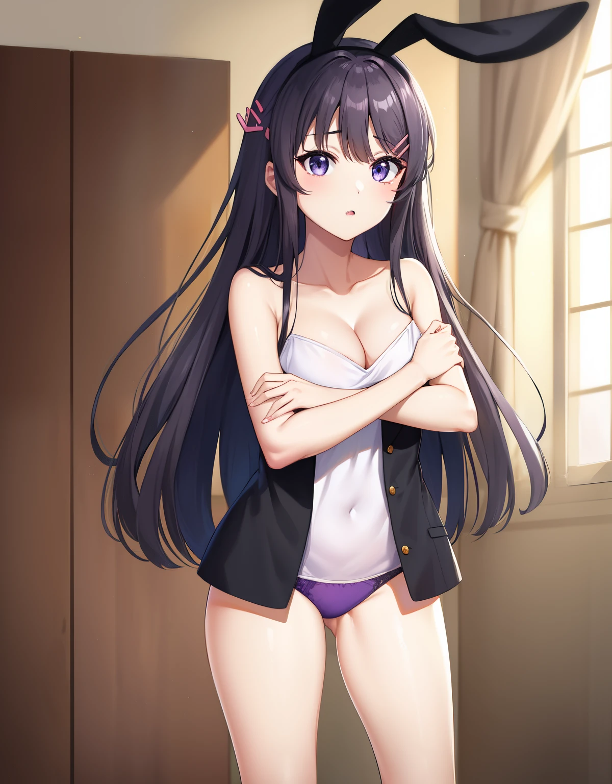 sakurajima mai, long hair, banglack hair:1.5), hair ornament, (purple eyes:1.1), hairclip, rabbit hair ornament, add text to the sound of love, add stickers hear, standing, black bunny ear, black bunny suit, cleavage, panties, medium breasts, 
,  masterpiece, best quality, highly detailed, indoors
 extremely detailed hair, shiny hair, disheveled hair,  masterpiece, best quality,, (waifu, anime, exceptional, best aesthetic, new, newest, best quality, masterpiece, extremely detailed:1.2),