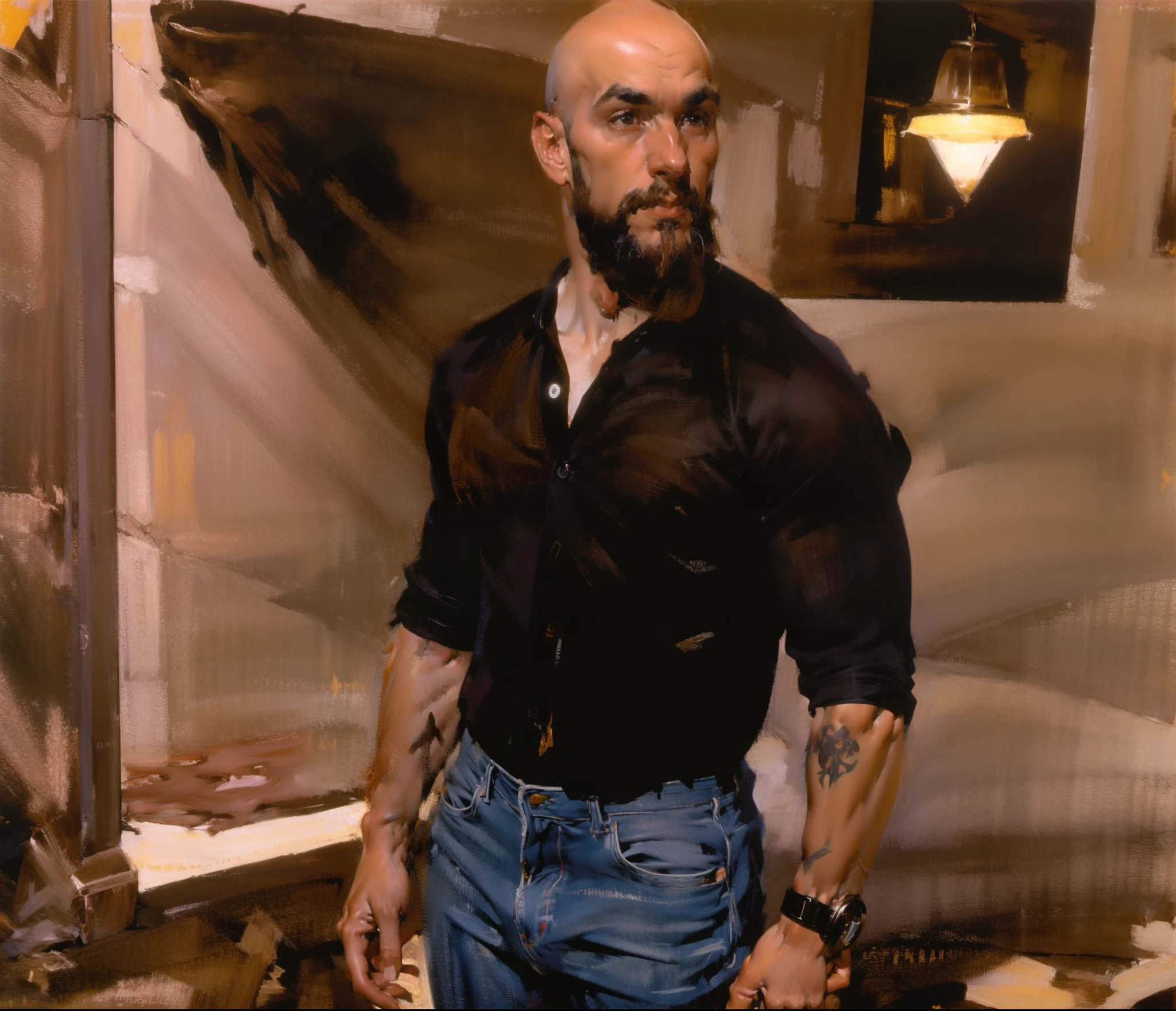 character sheet, dilf, short beard, bald, lean body, tattoos, skater shoes, early 40's, wrist watch, white socks, artistic, black jeans, hunter green shirt, standing, handsome, gentle expression, slim tall build, white male