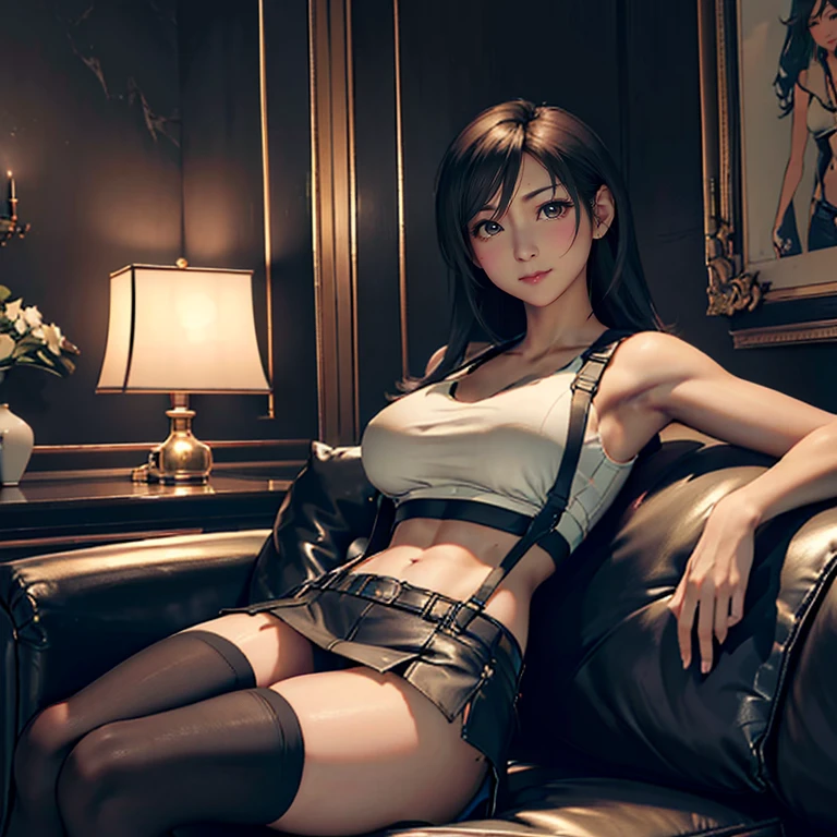 (top-quality, (Ultra high definition,4K), (超A high resolution:1.3, in 8K),masutepiece:1.2), (outstanding composition), (Perfect Anatomy,Anatomically accurate), (Soft lighting, rendered), (((Sitting on a sofa in the lobby of a luxury hotel, Sexy open legs))), ((Atifa_Lockhart like)), (Ruby-like red eyes), (爆乳:1.6), Focus on the lower body, (energetic and healthy girl), (Photorealsitic), ((Bright lighting)), (White tank top), (suspenders), ((Black leather miniskirt)), Watch viewers, (Crisp double eyelids), (fascinated expression), (Textured skin), (Soft skin)