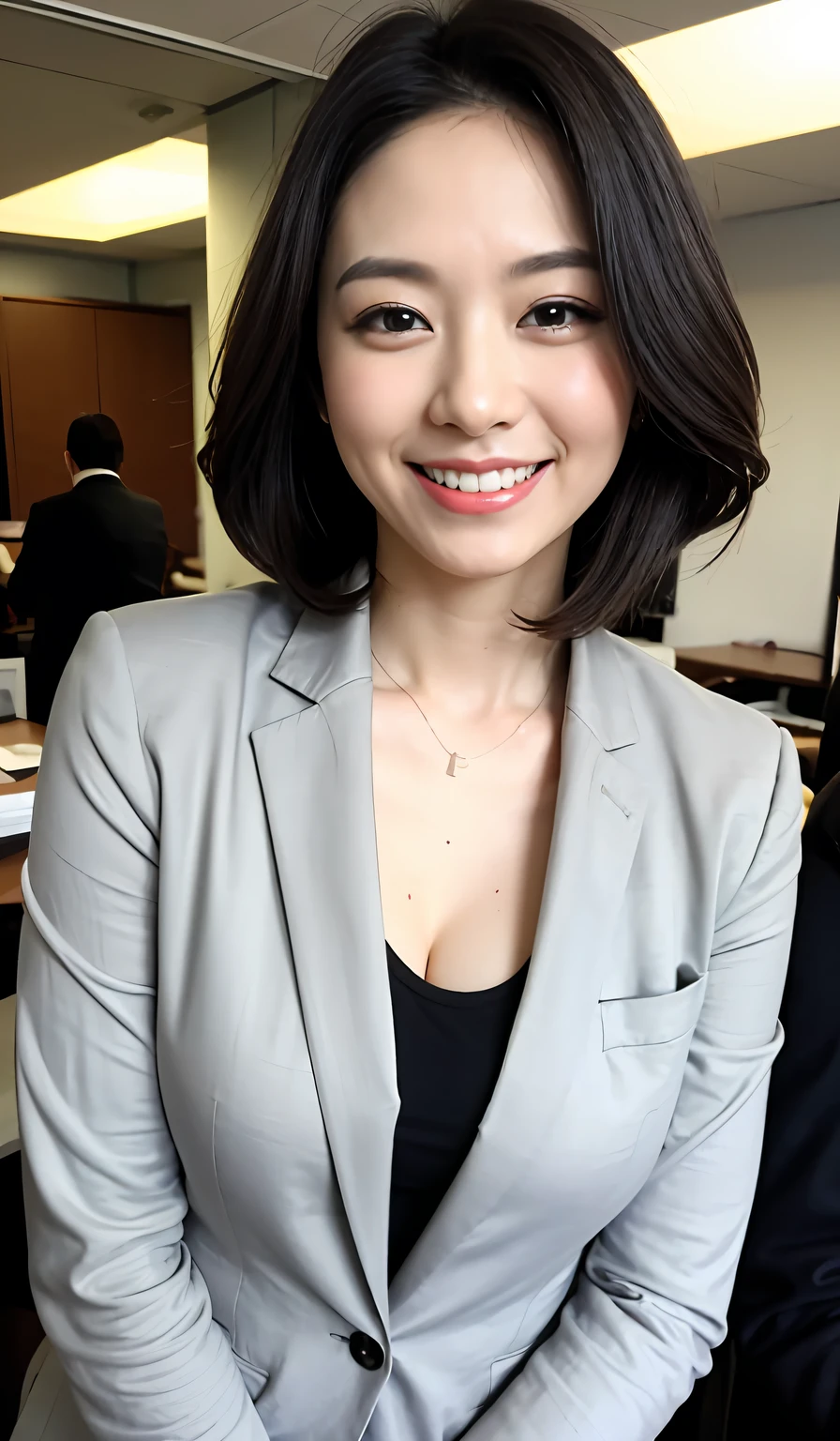 masterpiece,best quality, (1 milf), ((close up:0.5)), ((cross arms)), glare, gray blazer, white shirt, double eyelid, eyelash, lip gloss, (smile:1.5), ((close eyes:0.85)), ((Looking at Viewer)), RAW, (from above:0.2), ((nobody)), office,