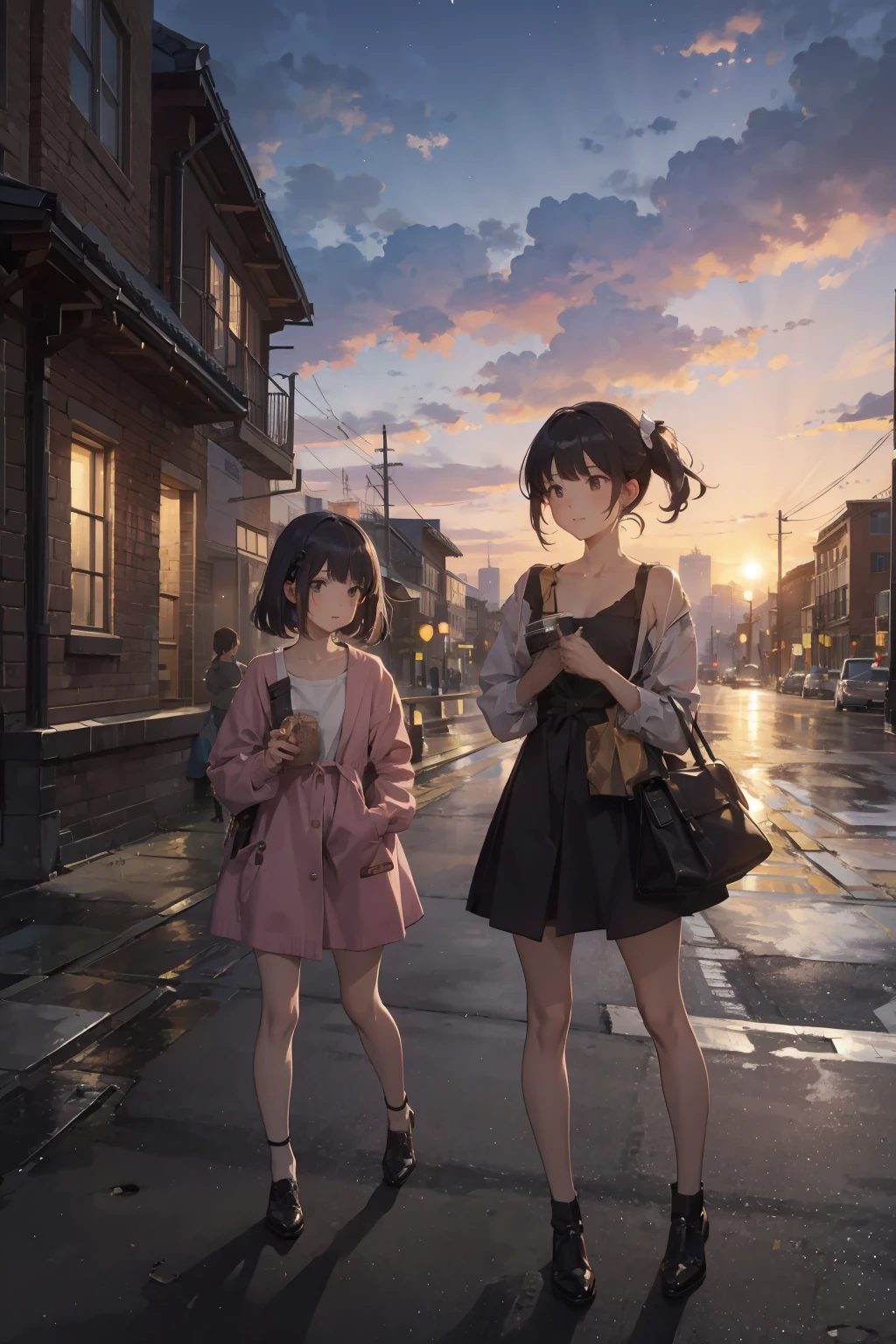 Twin girls,Cartoonish style,In the city at dusk、