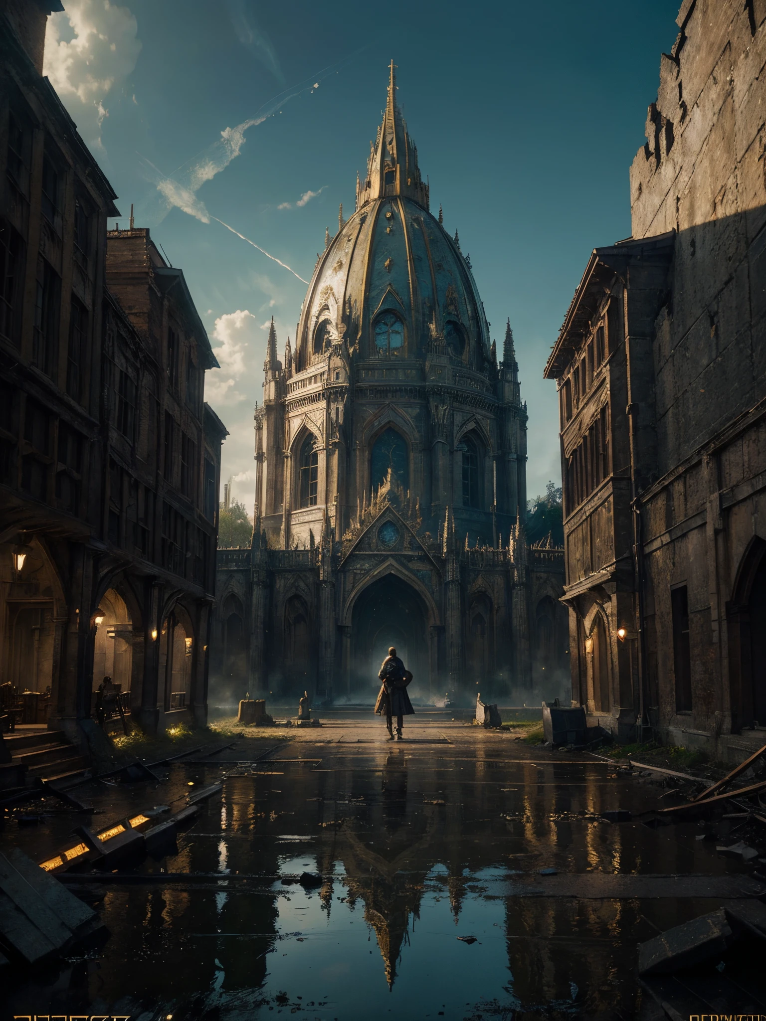 "(by Greg Rutkowski: 1.2), (masterpiece), (best quality), extremely delicate and beautiful, illustration, (fantasy landscape), depth of field, HDR, intricate, delicate, (No human presence), photorealistic depiction, live action feel, creating a visual masterpiece with the best possible quality. (Highlighting the fantastic elements of dwarven city, emphasizing the effects of collapse and severe weathering). Providing a distant view that captures the grandeur and atmosphere."