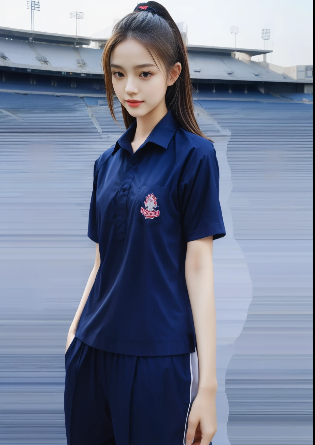 (bestquality,10,10,highres,masterpiece:1.2),ultra-detail,(Realistic,photorealistic portrait,photo-realistic:1.37),1 cute girl sitting on the football field,oily shiny skin,bara,light smile,BDclothelue shirt:1.3)),short sleeves,shirt, trousers.,(navy_long_Pants Track:1.1), ((Stadium Background:1.3)),dynamic angle,excited,face focus,Dynamic Poses,from behide,Ass Focus,masterpiece, bestquality, ultra realistic, hyper-detail, 8k resolution, RAW photo, crisp focus, ((Navy blue shirt:1.1)), short sleeves, Long Path, Perfect body, 2 mature women, 18yo, cinematic light,Blue sweatpants,Gymware,Correct anatomy,Complete body, Correct body, sharp face, Anatomically correct body, full entire body, Realistic gestures, long-haired, Realistic poses,Wear long shorts...........................,Long leg span,Shapely,Sculpting Girl, Slender Figure, mannequin mannequins, Shapely, Beautiful body,Blue sweatpants