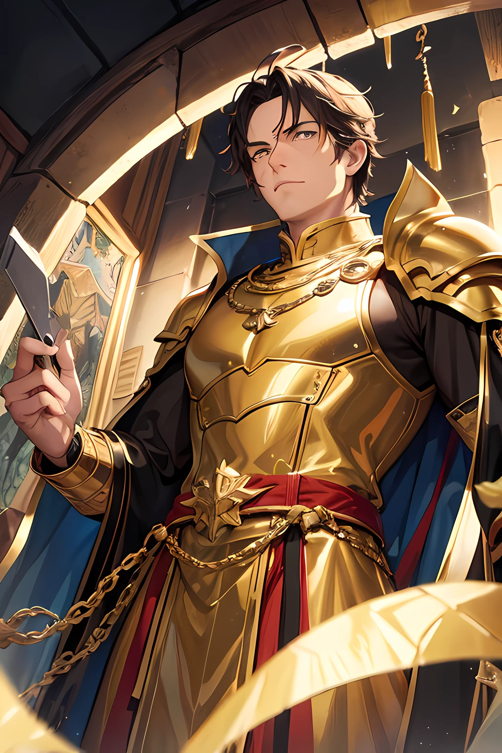 A cocky 43 year old male in golden king's armor looking down on slaves