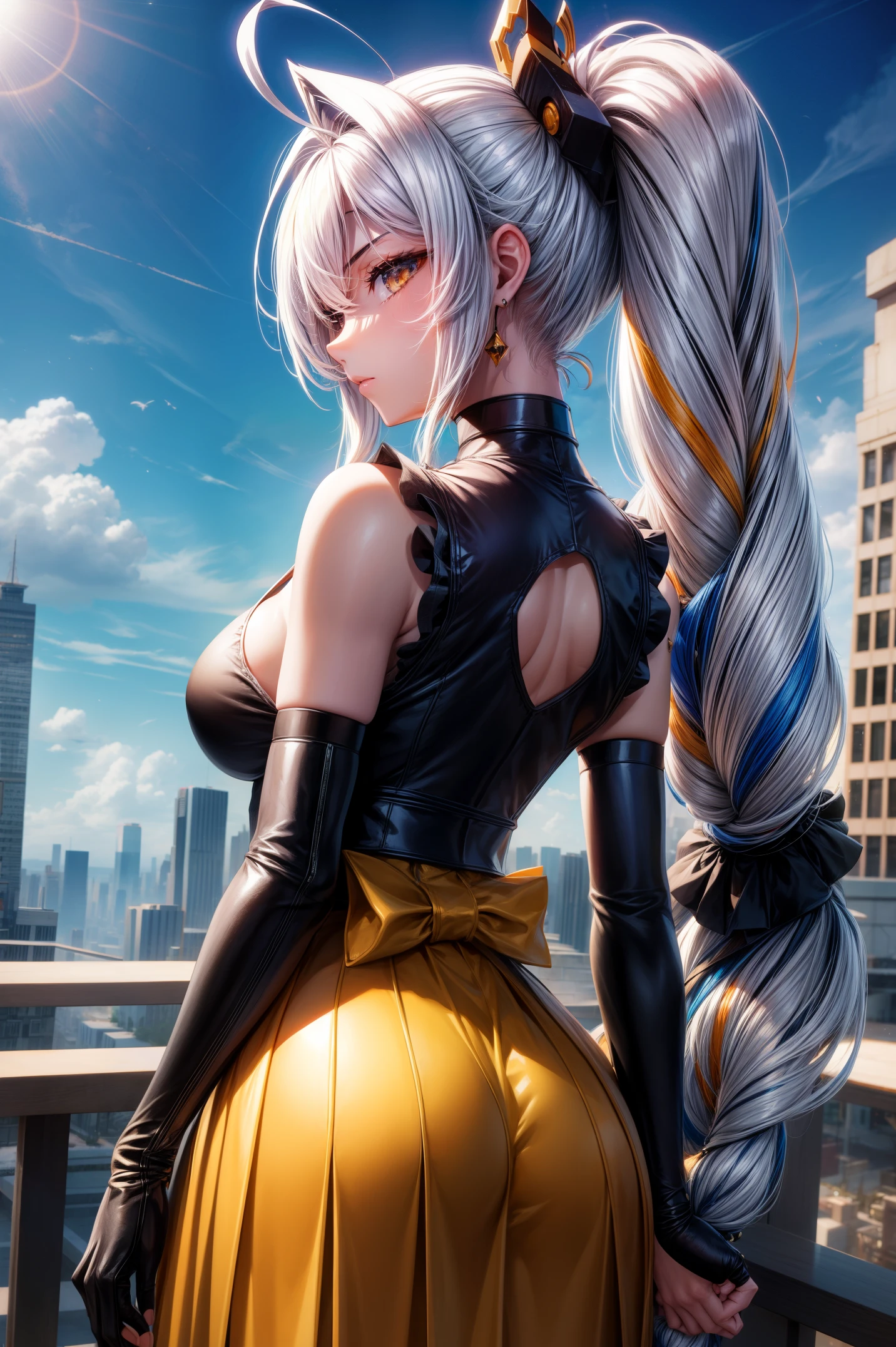 Sakifova，ahoge，of shoulderlack glove，black color hair，gloves on the elbow，Floating hair，mitts，hair adornments，long whitr hair，orange eyeteriors，partially fingerless gloves，无袖，sleeveless shirts，V-shapped eyebrows，Very long hair，skinny pantrunette color hair，pony tails，O cabelo multicolorido，Striped hair，A futuristic，cyber punk perssonage，sakifuwery long skirt， jewely， on the chest，， looking at viewert， hair adornments， choker necklace， is shy， （tmasterpiece，quality，best qualityer，offcial art，Beauty and aesthetics：1.2），（1个Giant Breast Girl），extremedetailed，rich colourful，highest details， （：1.2，）The upper part of the body，From the front，Carmelto， 城市，the street， suns， Clouds，