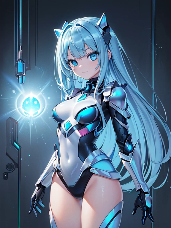 ((​masterpiece、top-quality:1.5、a high chroma:1.5、ultra-detailliert、high-resolution illustrations:1.5、Ultra-high-definition CG、8k size wallpaper、offcial art))、,(highly colorful:1.5),(front view:1.5),(1girl),(Cute little girl:1.5)、(Shining blue eyes:1.5),(Beautiful face:1.5,Beautiful eyes:1.5)、(close to viewer:1.5),
(forced smile:1.3)、(sexy body),(cyber armored suit:1.5), (Beautiful cyber armored suit in every detail),(),(medium breasts:1.5),(Shining blue eyes:1.8)、(cowboy shot:1.5)、((She shines strongly with aura light all over her body:1.5)), colourfull、