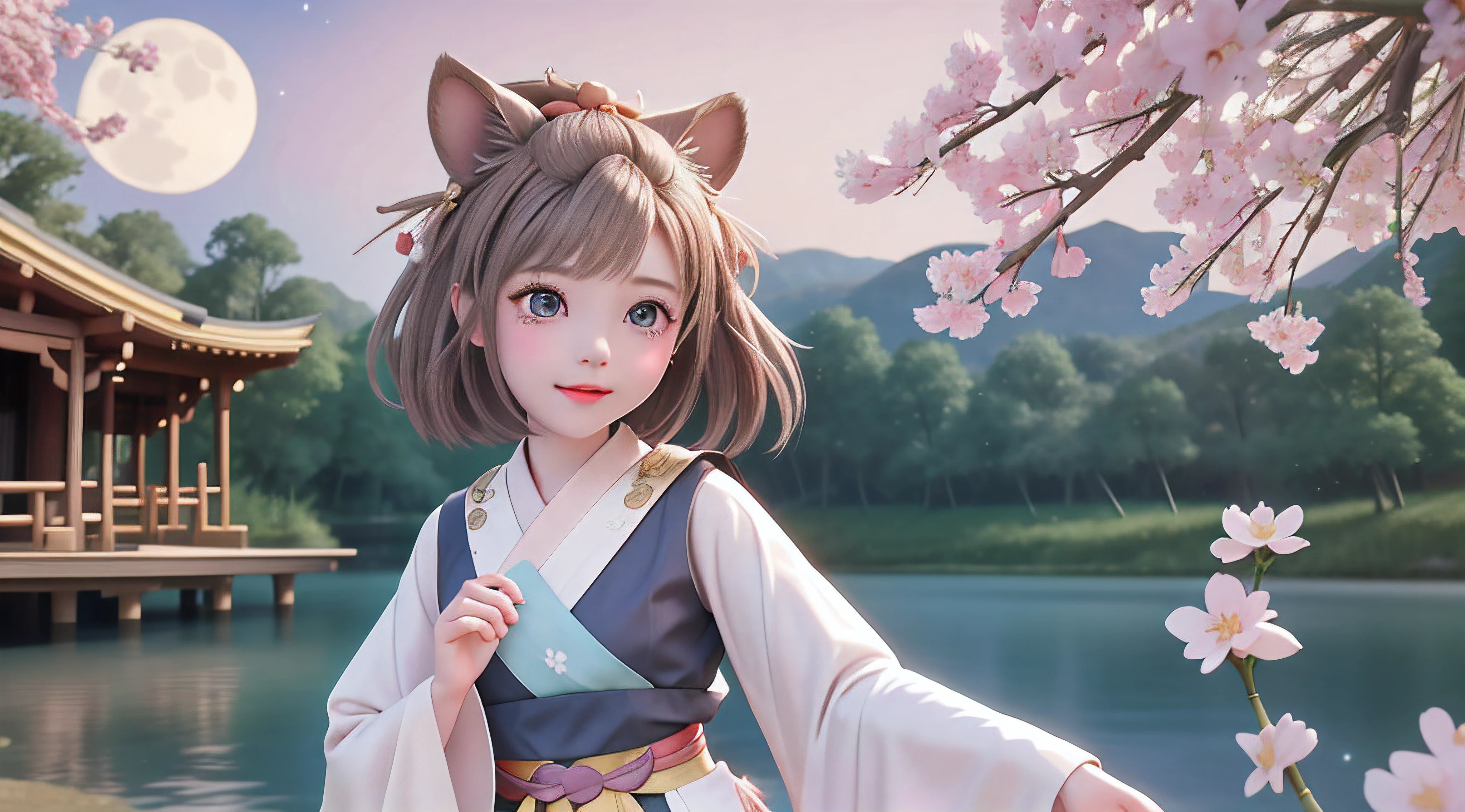 masterpiece, best quality, 8k, wonderful, lake, mountain, bamboo forest, wooden house, moon, night, star sky, Galaxy, blossom, wood boat, 1girl, brown hair, brown eyes, bangs pinned back, forehead, animal ears, animal tail, very long sleeves, petite, kimono, girl, hair beautiful, , yugioh, ash blossom & joyous spring, cry, tear, look the other way, background clear full HD, small eyes, platinum hair, hide hand