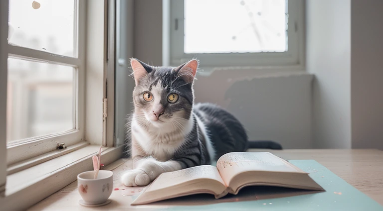 (Best quality:1.2), aesthetic lo-fi minimalist atmosphere, cat, book, window, moon, light bokeh, in soft colors, glitter, dynamic side angle, natural soft lighting, 8k resolution, illustration, pastel tetradic colors