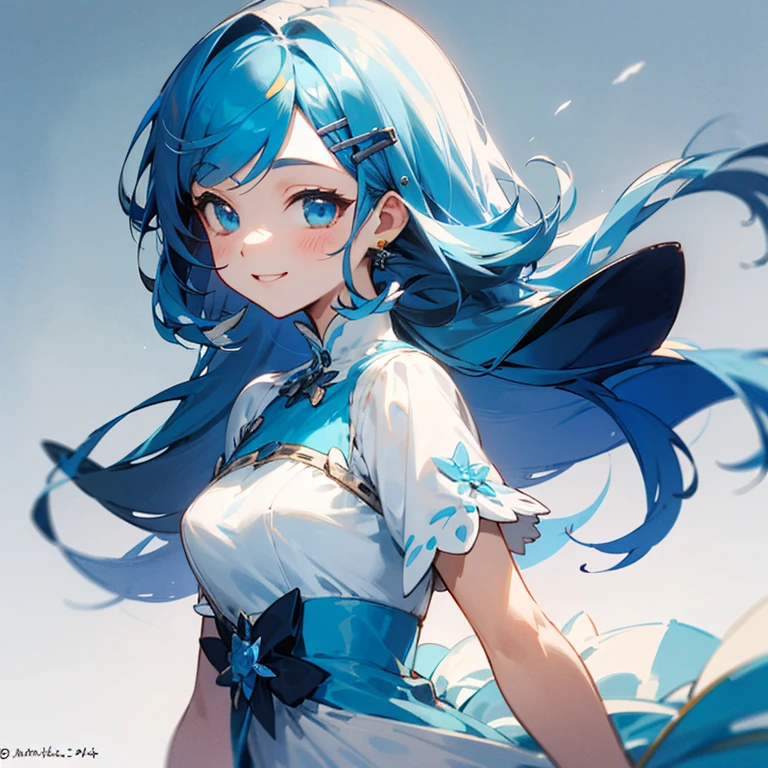 bleu hair, Straight, , Hair Clips,,Smiling、white dres、florals