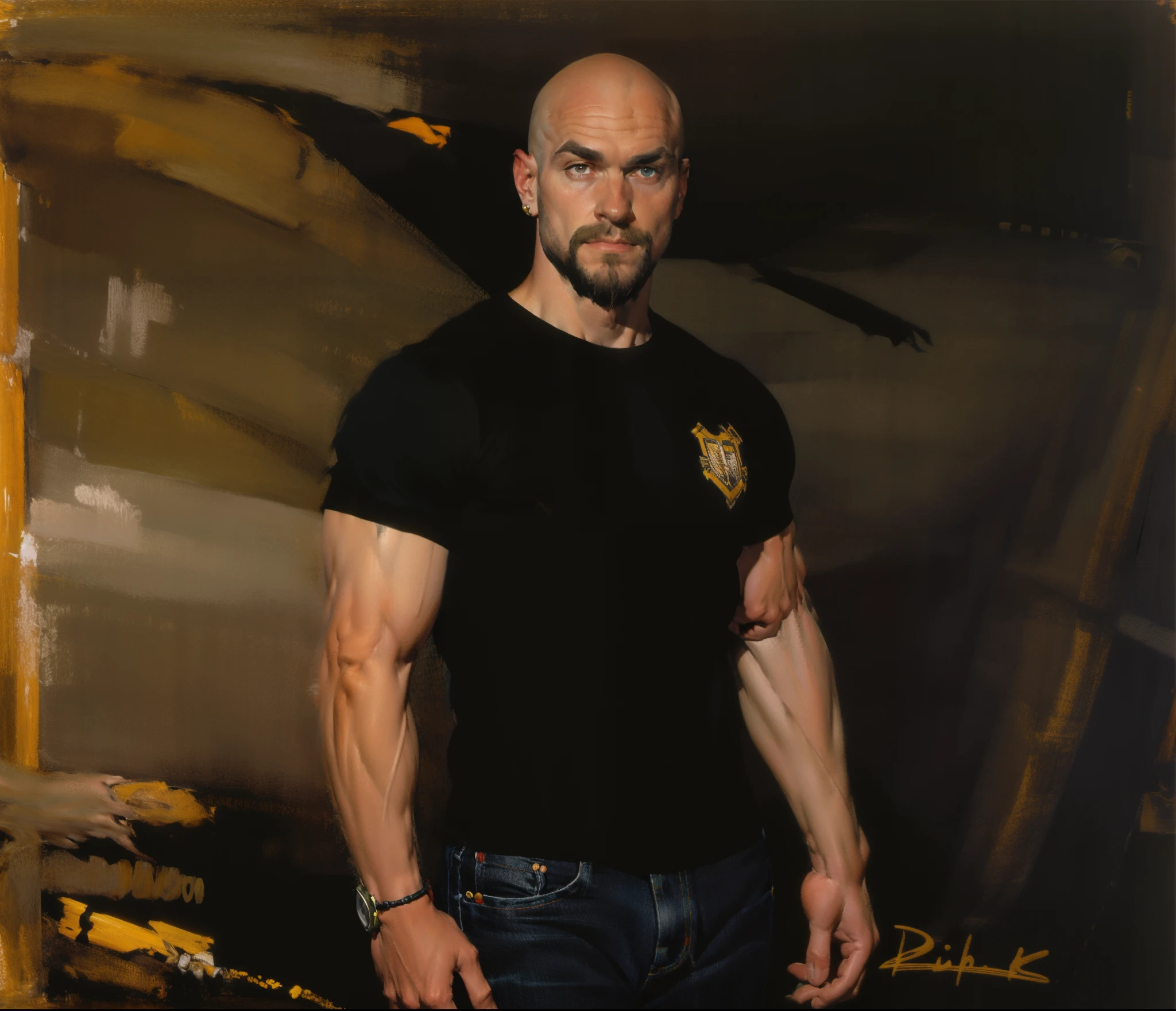character sheet, dilf, short beard, bald, lean body, tattoos, skater shoes, early 40's, wrist watch, white socks, artistic, black jeans, hunter green shirt, standing, handsome, gentle expression, slim tall build, white male, bracelets, piercings, athletic soccer shirt, black pants,