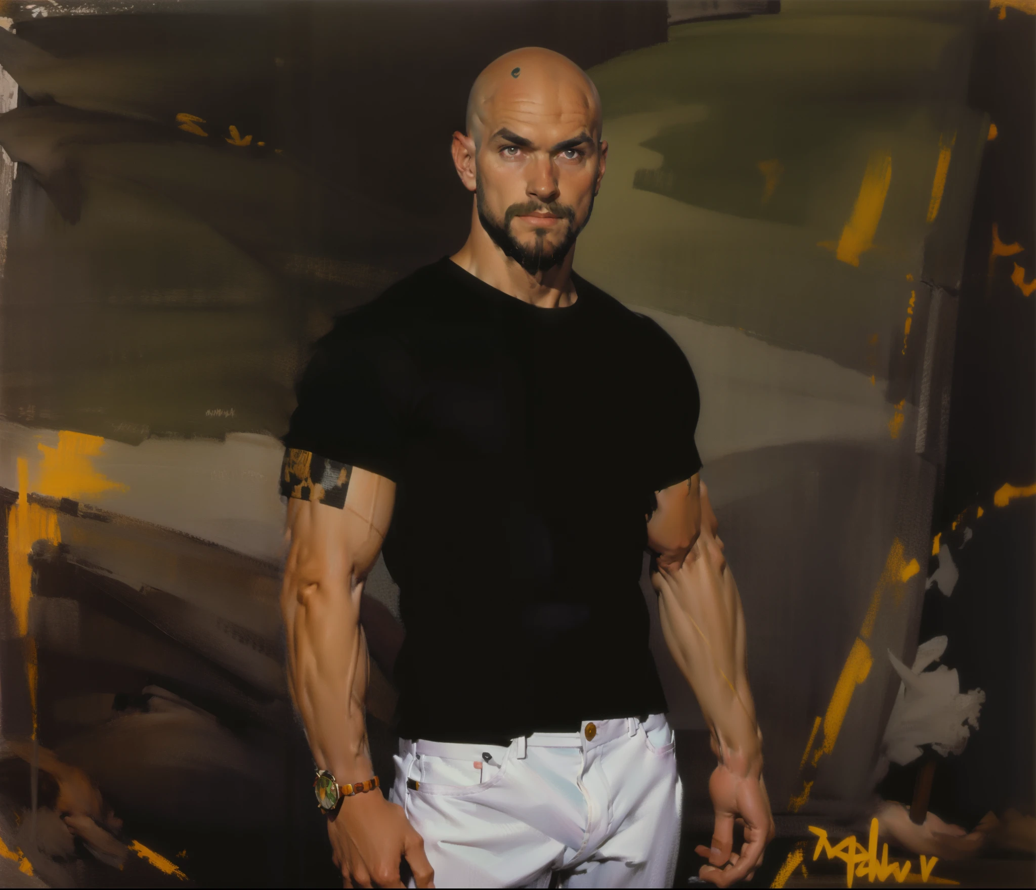 character sheet, dilf, short beard, bald, lean body, tattoos, skater shoes, early 40's, wrist watch, white socks, artistic, black jeans, hunter green shirt, standing, handsome, gentle expression, slim tall build, white male, bracelets, piercings, athletic soccer shirt, black pants,
