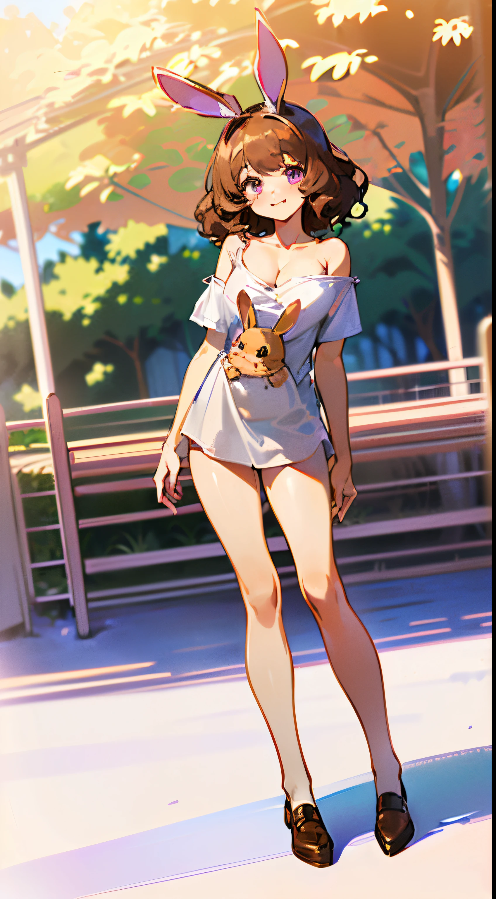 Cute, (1 girl:1.1), Solo, (light brown hair:1.3), (Medium Hair:1.5), Wavy Hair, Purple eyes, Happy face,Upper Eyes, (Rabbit ears:1.4), (Rabbit tail:1), (White Shoulder T-Shirt:1.6), (Chibi:1.0), (up chest:1.4), (cleavage:1.4), (full body Esbian:1.5), (low angles:1.7),(standing in park:1.5), (Hold the hem of a long shirt and spread it out.....:1.6), hotpants:1.5