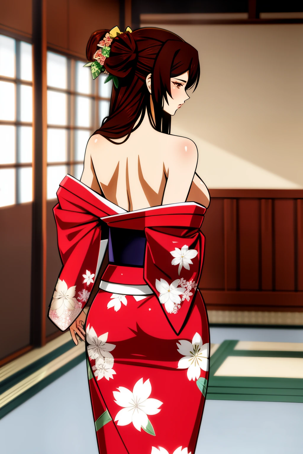 a gorgeous Anime FBS in a finely decorated kimono, the kimono has fallen over her shoulders leaving them bare, rear side view,