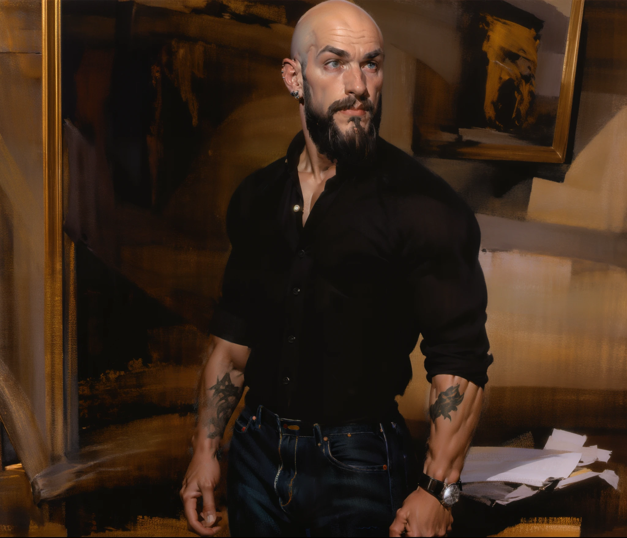 character sheet, dilf, short beard, bald, lean body, tattoos, skater shoes, early 40's, wrist watch, white socks, artistic, black jeans, hunter green shirt, standing, handsome, gentle expression, slim tall build, white male, piercings, accessories, bracelets, nose piercing, silver earrings