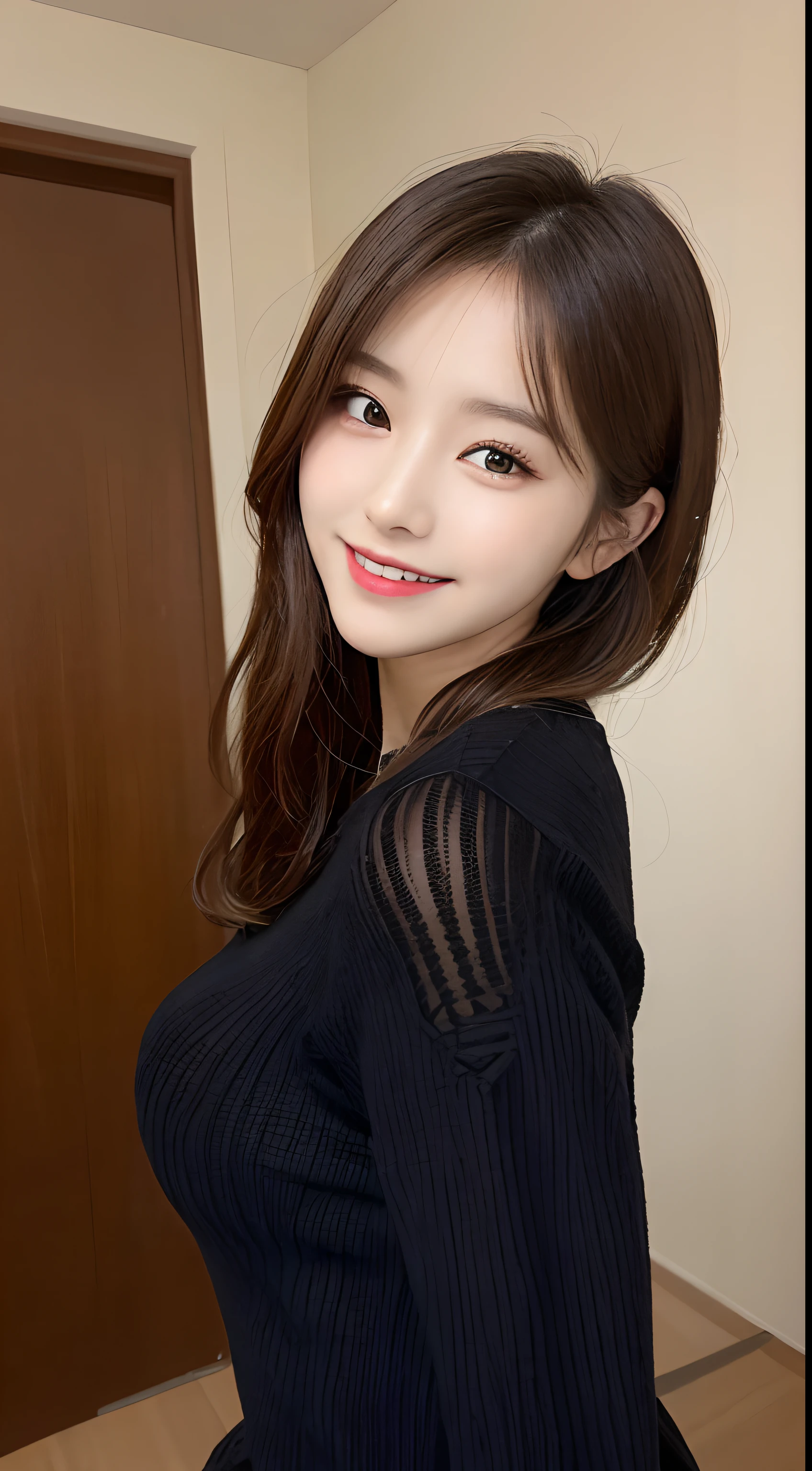 masutepiece, Best Quality, Illustration, Ultra-detailed, finely detail, hight resolution, 8K Wallpaper, Perfect dynamic composition, Beautiful detailed eyes, Wearing a black long-sleeved knitted dress,small tits,Natural Color Lip, sexypose,Smile,20 years girl、Cute、Sexy shot looking at camera,Background blur,KPOP Idol Face,a room