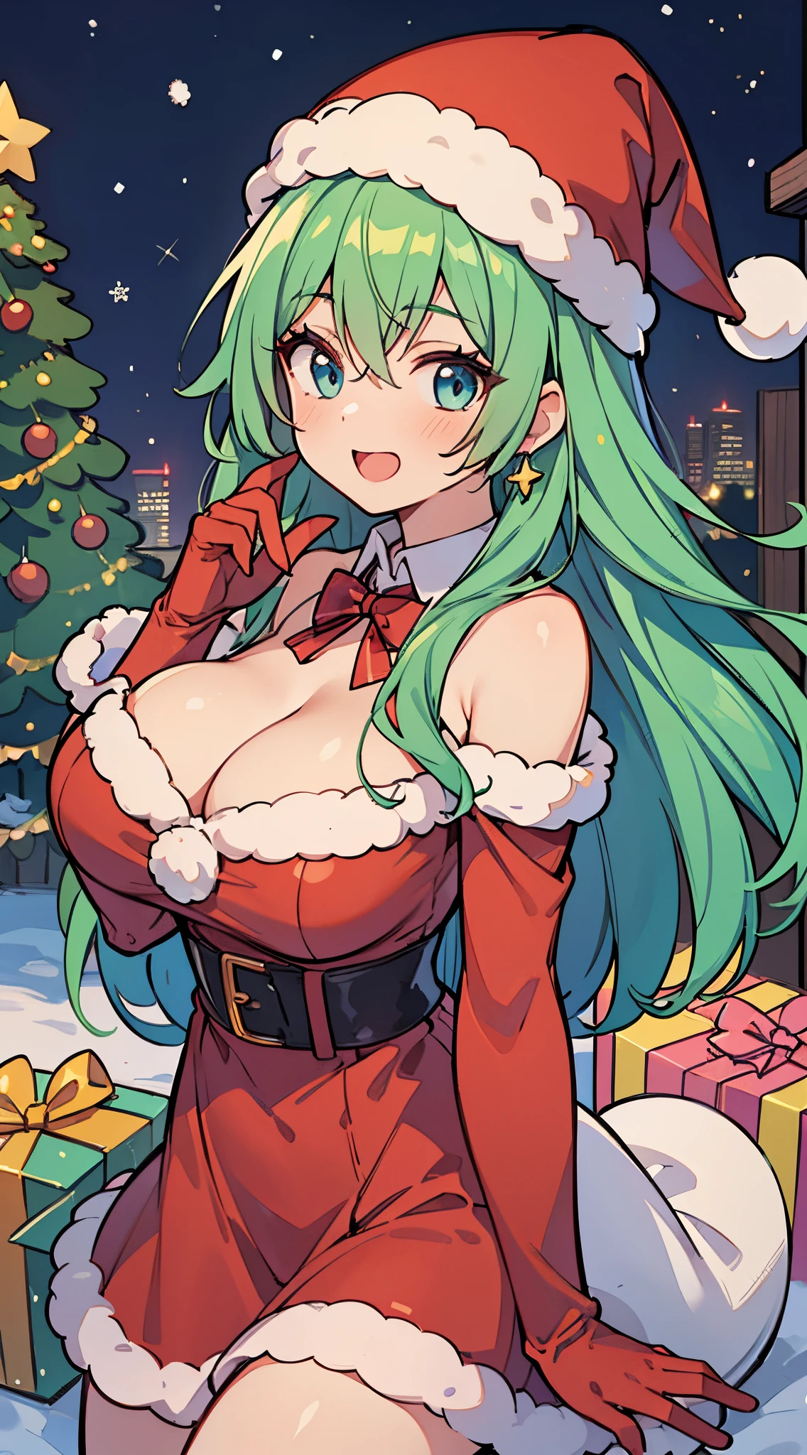 ((A Pretty girl with green hair and blue eyes)), ((santa costume)), Loli face, ((master piece, top-quality, ultra-definition, high resolution)), anime girl, ((ultra-detailed illust:1.2)), only one person, bangs, hair between eye, beautiful hair, Shiny eyes, Super huge breasts, Big smile, opened mouth, Christmas trees, ((night cityscape)), ((brilliance of illumination)), snowy