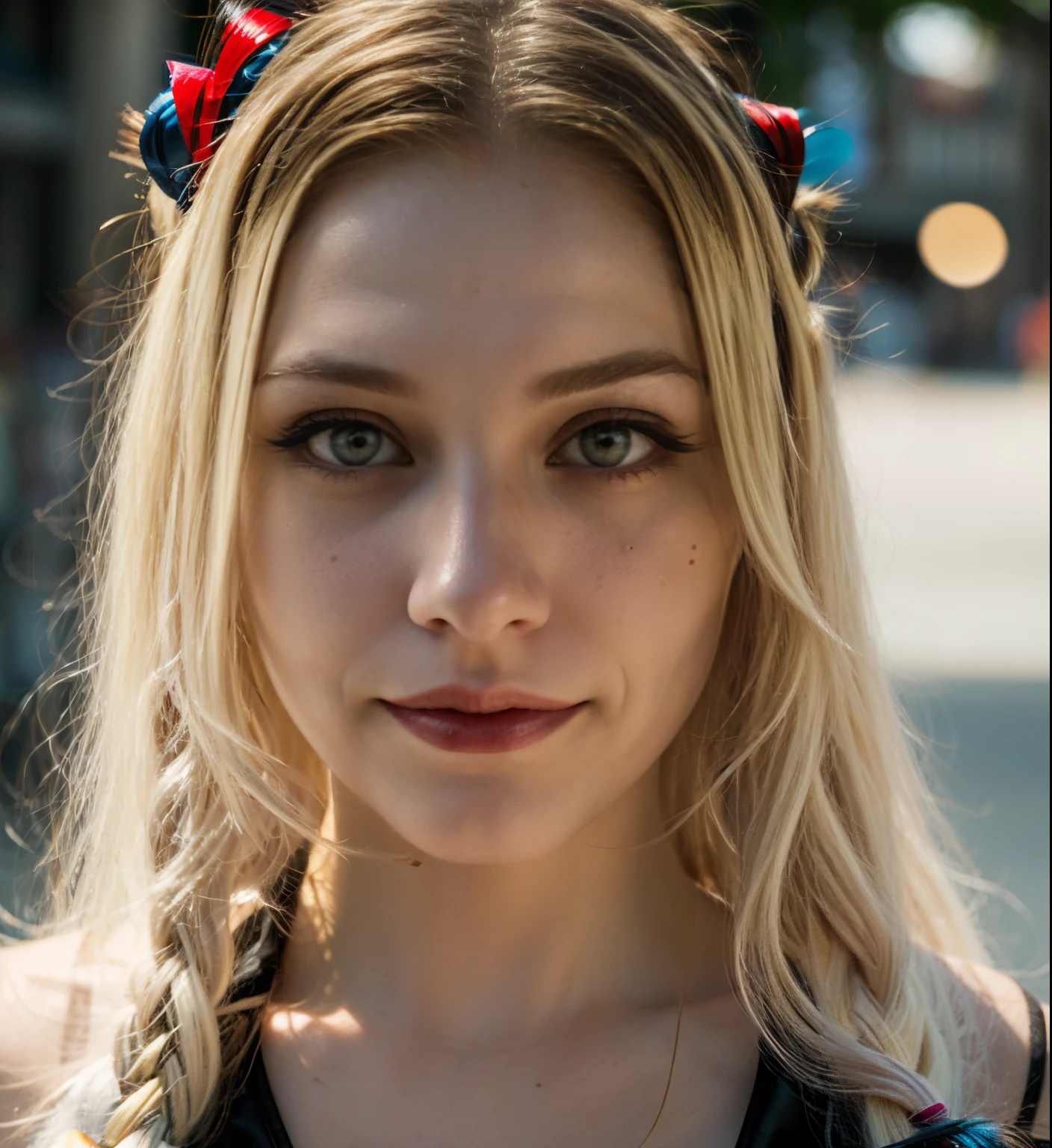 Harley quinn, pale skin, blonde long hair, buetifull face, buetifull face, close up of face,