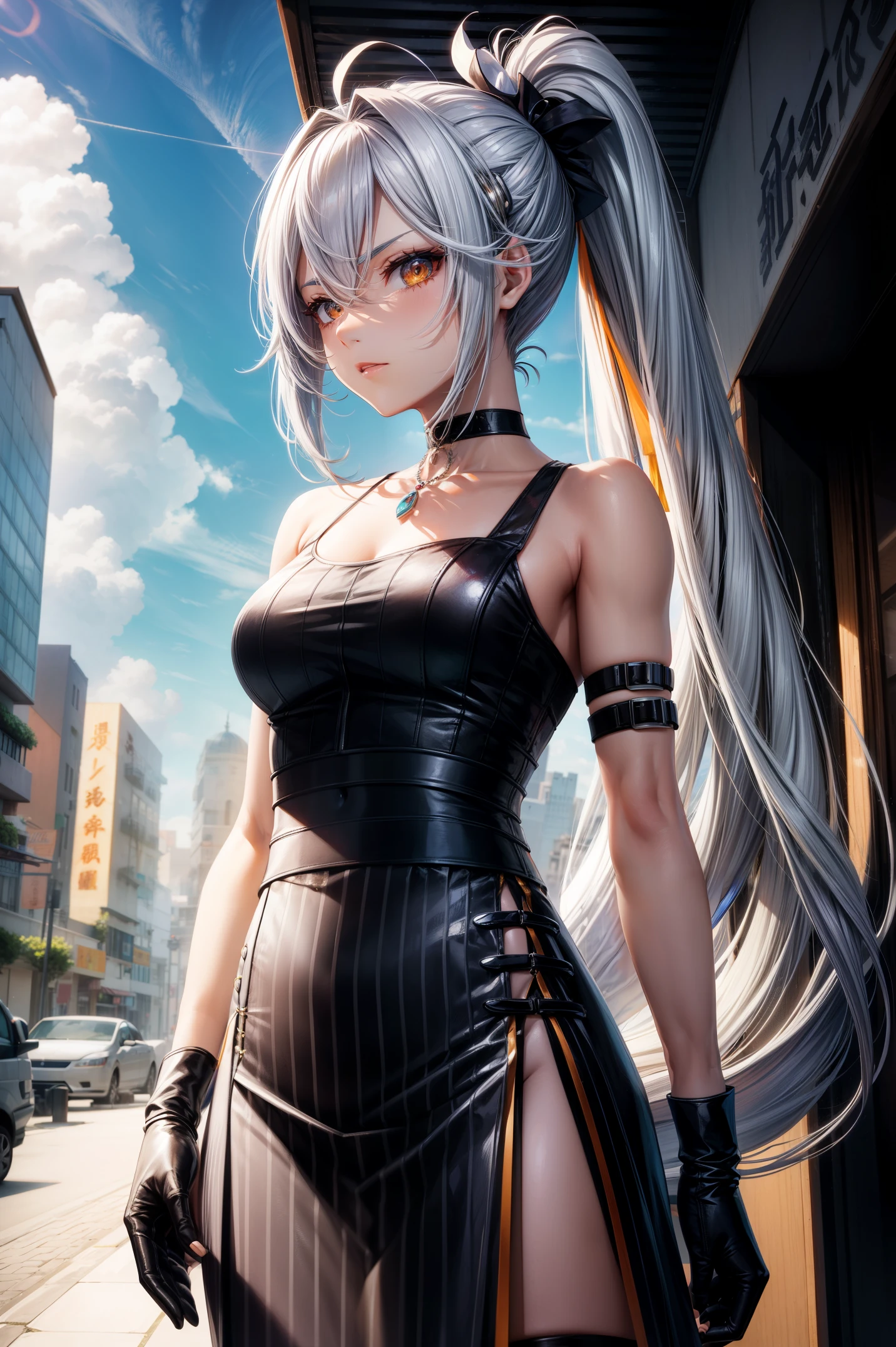 Sakifova，ahoge，Off-shoulder glovelack color hair，Wear gloves on elbowlutterinitts，hair adornments，Long gray hair，Orange eye interior，partially fingerless gloves，无袖，sleeveless shirts，V-shaped eyebrows，Very long hair，Thin long skirt color hair，pony tails，Colorful hair，Striped hair，A futuristic，cyber punk personage，sakifuwery long skirt， jewely， Show on the，， looking at viewert， hair adornments， choker necklace， Very shy， （tmasterpiece，quality，best quality，offcial art，Beauty and aesthetics：1.2），（1 sister），extremely detaile，rich colourful，highest details， （：1.2，）upper part of body，From the front，Carmelto， 城市，the street， suns， ​​clouds，