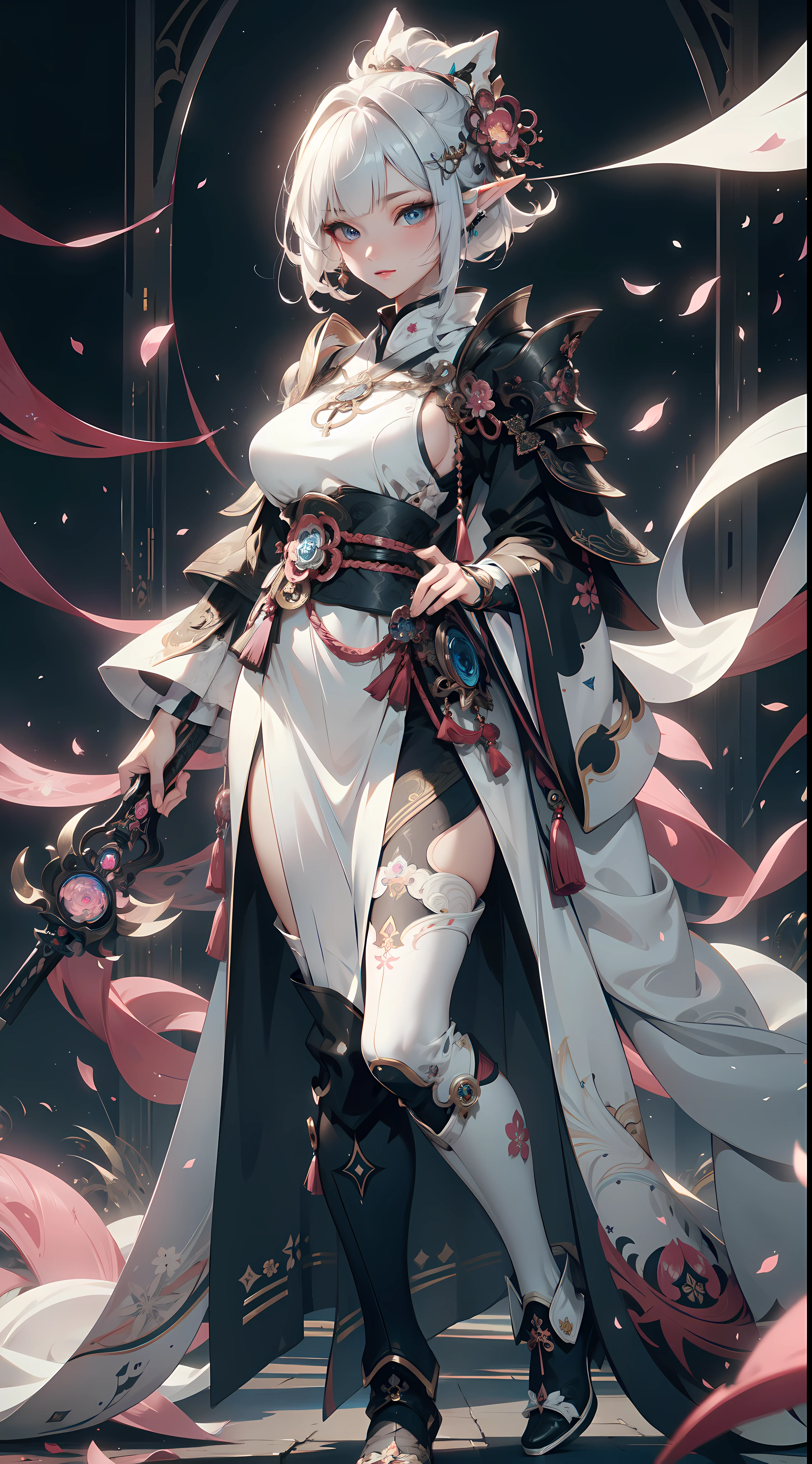 4K,High resolution,One Woman,Red Hair,Long Ponytail,Wolf ears,Blue Eyes,Big Breasts,Swordsman,White Chinese dress,Well good,Sideboob,Black gloves,Black shoes,Jewelry decoration,Long sword,Plains