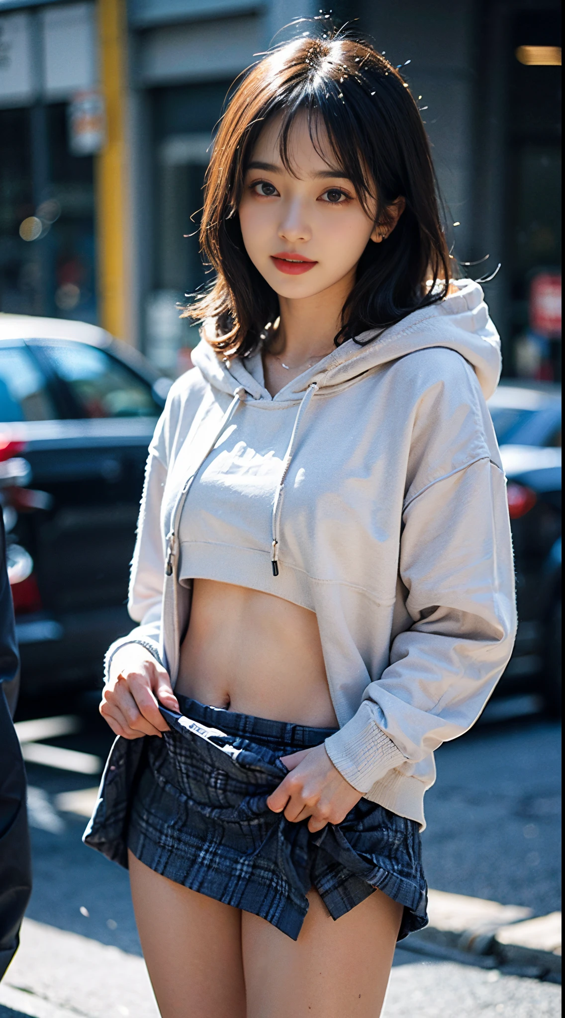 ((8K)),Film photography, 1 girl, (hoody:1.2), (short skirt), upper legs, navel,choker necklace, ear nipple ring, Vibrant smile, middlebreast, Full body lesbian, drunk blush:1.5, Black shoulder length wavy hair, serene, clam down, (Realistic and detailed eyes, Natural skin texture, Realistic face details), Soft dramatic lighting, depth of fields, bokeh, vibrant detail, meticuloso, hyper realisitc,20yr old, ((Lift up your skirt yourself)), (skirt lift), ( , focal), face flushed, Open your lips, view the viewer ,(Clear eyes,Clear nose,Transparent lip skin),Semi-body shot , Wear a hooded jacket ,(Tokyo streets ,Falling snow),