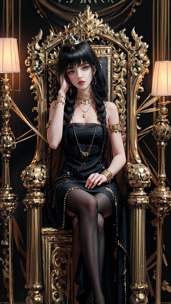 ((Best quality)), ((masterpiece)), (highly detailed:1.3),a woman black hair bangs covering her eyes, intimidating demon queen very angry, sitting on the throne dressed all black laughing bracelets pantyhose