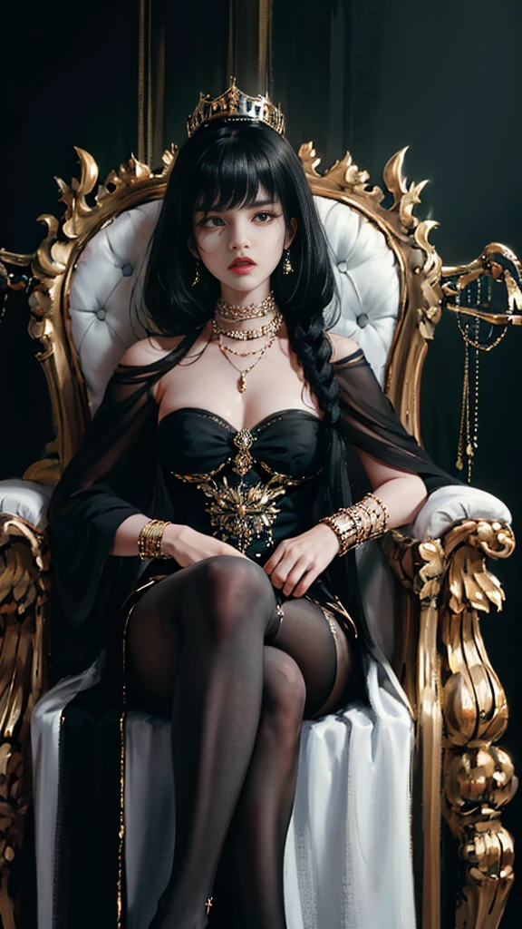 ((Best quality)), ((masterpiece)), (highly detailed:1.3),a woman black hair bangs covering her eyes, intimidating demon queen very angry, sitting on the throne dressed all black laughing bracelets pantyhose