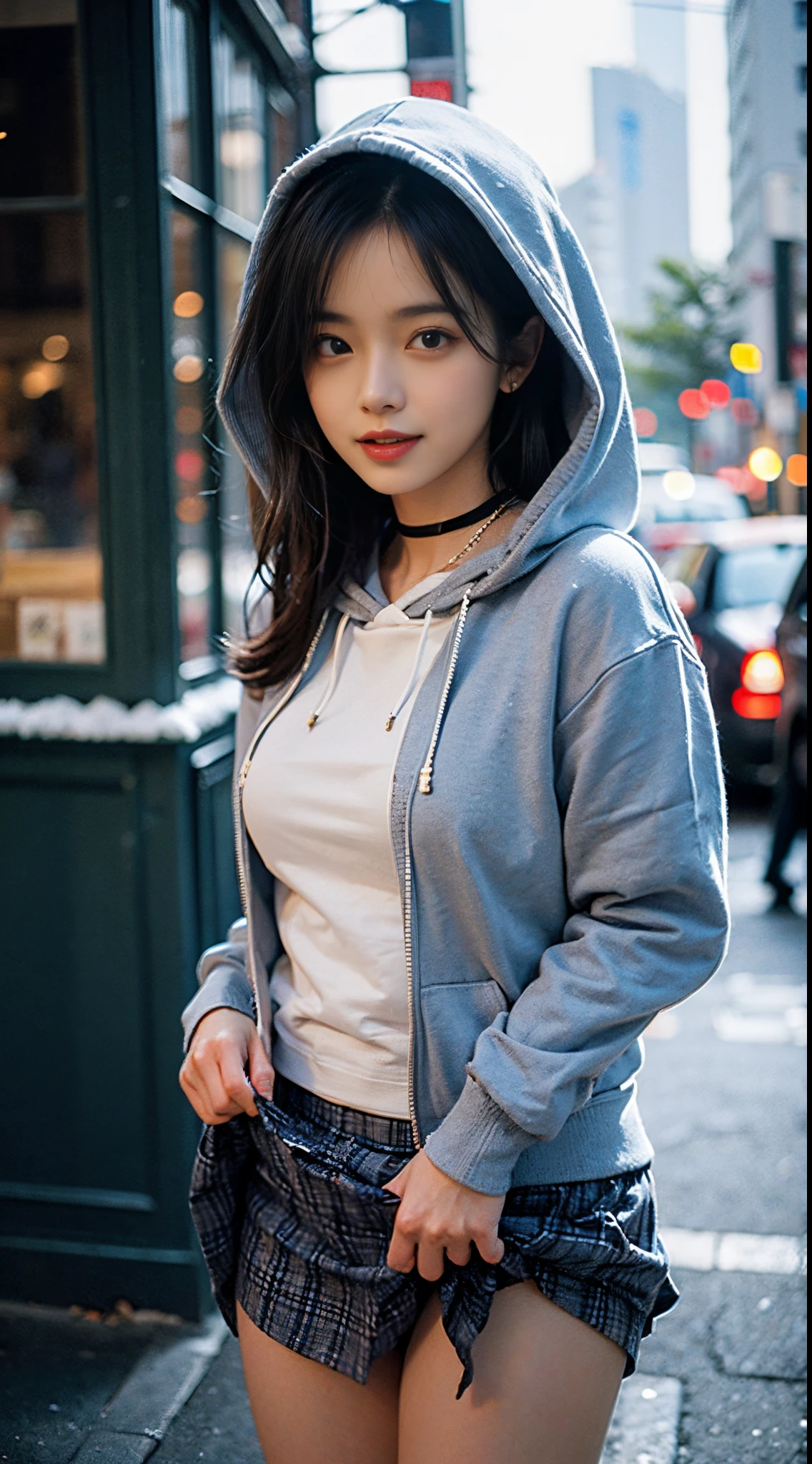 ((8K))，Film photography, 1 girl, (hoody:1.2), (short  skirt), upper legs, navel，choker necklace, ear nipple ring, Vibrant smile, middlebreast, Full body lesbian, drunk blush:1.5, Black shoulder length wavy hair, serene, clam down, (Realistic and detailed eyes, Natural skin texture, Realistic face details), Soft dramatic lighting, depth of fields, bokeh, vibrant detail, meticuloso, hyper realisitc，20yr old, ((Lift up your skirt yourself)), (skirt lift), ( , focal), face flushed, Open your lips, view the viewer ,(Clear eyes，Clear nose，Transparent lip skin)，Semi-body shot , Wear a hooded jacket ,(Tokyo streets ,Falling snow)，