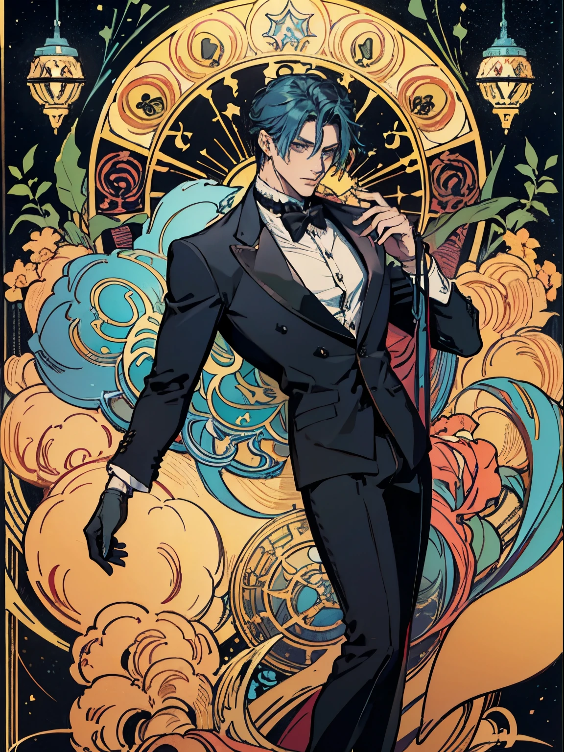 (Flat color:1.1),(Colorful:1.3),(Masterpiece:1.2), tarot: 1man, black suit with black gloves, manipulate puppet with strings, Chris Bumstead, Leon Scott Kennedy, Best quality, Masterpiece, Original, Full body photo of men，Very detailed wallpaper,Solo，Blue starry sky，tarot card layout，Best quality, Masterpiece, (Realistic:0.6), Realistic lighting,Flower frame， Decorative panels， abstract artistic， Alphonse Mucha （tmasterpiece， best qualtiy， A high resolution： 1.4）， A detailed， Complicated details， 4K，cerulean， Line art， Fibonacci