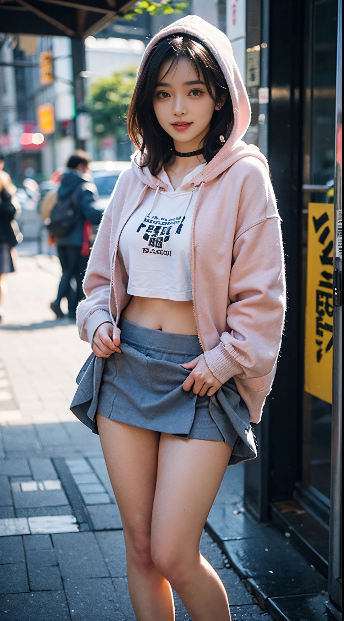 Extremely detailed Cg Unity 8K wallpaper, Best quality, Ultra-detailed, Masterpiece, Realistic, photograph realistic, extremely detailed cute girl, 20yr old, (((skirt lift by yourself))), (lifted by self), Panties , panty focus, Blush, parted lip, view the viewer , Semi-body shot , (crowd), (crowded shopping mall) , Parted bangs