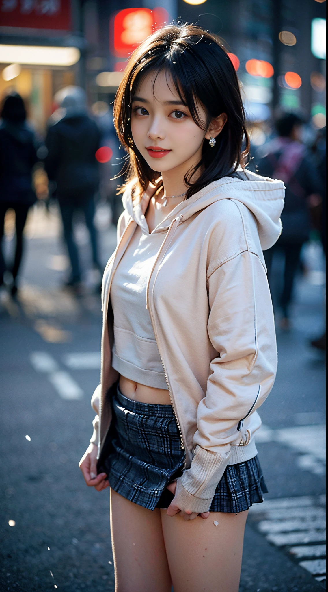 ((8K)),Film photography, 1 girl, (hoody:1.2), (short skirt), upper legs, navel,choker necklace, ear nipple ring, Vibrant smile, middlebreast, Full body lesbian, drunk blush:1.5, Black shoulder length wavy hair, serene, chill out, (Realistic and detailed eyes, Natural skin texture, Realistic face details), Soft dramatic lighting, depth of fields, bokeh, vibrant detail, meticuloso, hyper realisitc,20yr old,skirtlift,face flushed, Open your lips, view the viewer ,(Clear eyes,Clear nose,Transparent lip skin),Semi-body shot , Wear a hooded jacket ,(Tokyo streets ,Falling snow),