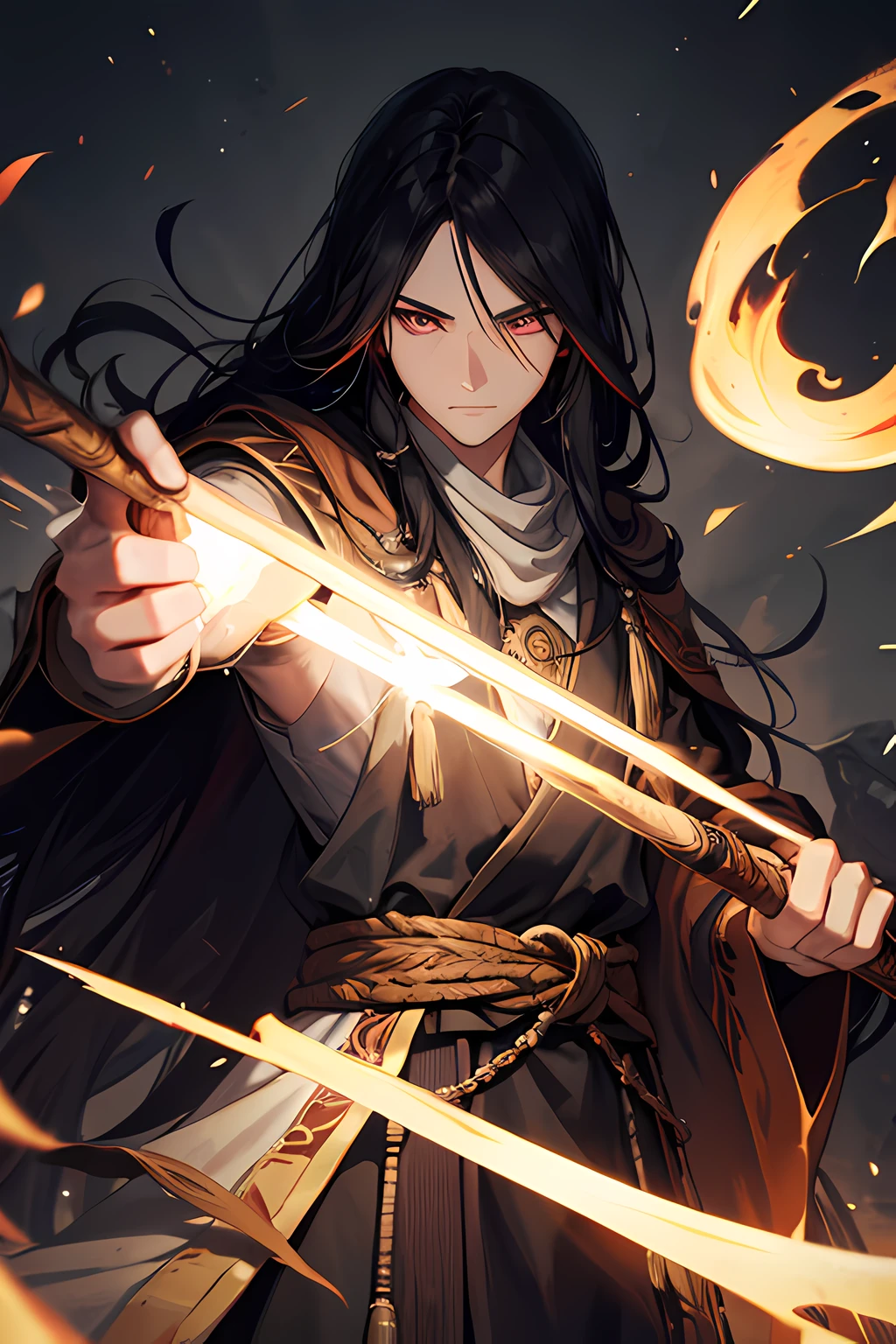 Long black hair, scar on right eye, 35 years old, male, holding ancient staff, druid robes