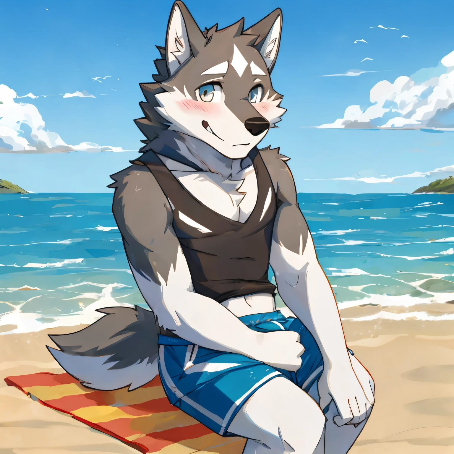 A grey wolf ((white markings)), wearing swim shorts while at the beach. His shorts fall beneath his knees revealing his penis. He is blushing