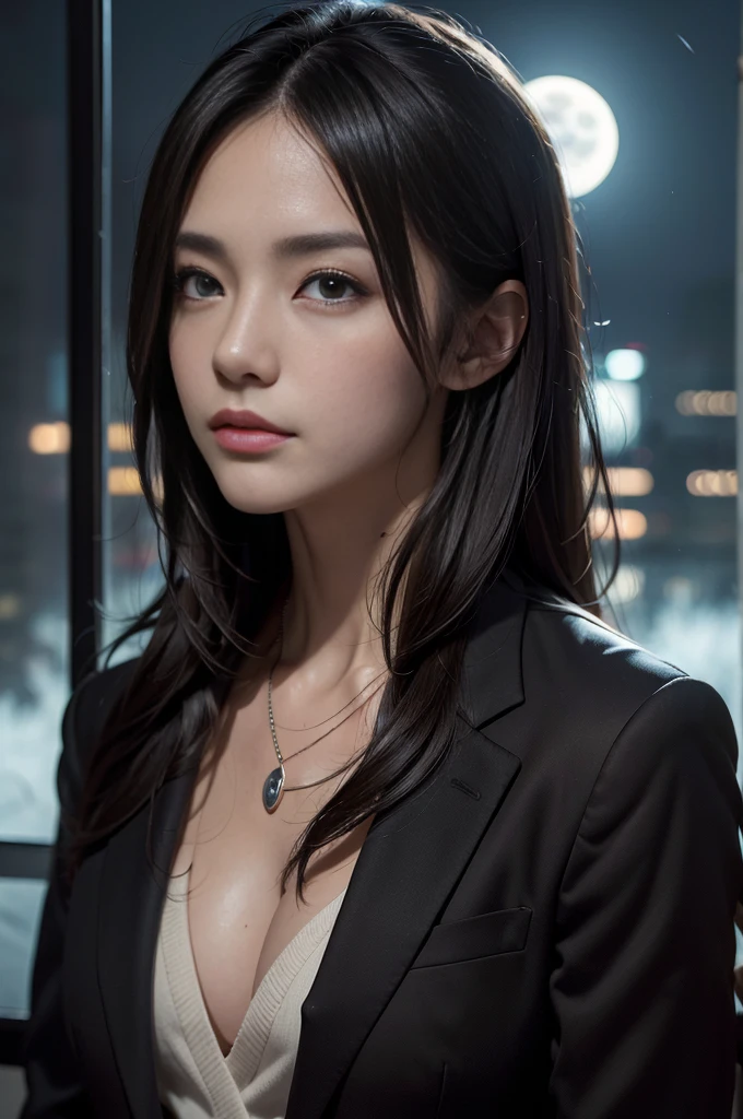 (Photoreal Stick:1.5, masutepiece:1.5, 8K), (top-quality, ​masterpiece, 超A high resolution), Perfect dynamic composition, Professional camera work:1.4, Highly detailed skin and facial texture:1.3, Mystical portrait:1.3, Grow Light Effect, The ultra-detailliert, 1girl in, ((Night view from inside the building, Please turn off the lights in the room, Dark atmosphere, The moonlight at night shines through the glass)), (V Neck Shirt Black Tailored Suit Suit Jacket), Model body type, Clear face, Detailed hand, Beautiful and detailed eyes, (Enraptured look:0.7, i love you completely:0.7), A mouthfeel that feels beautiful eros, Dark brown medium hair, the chest is medium, a necklace, Close-up portrait