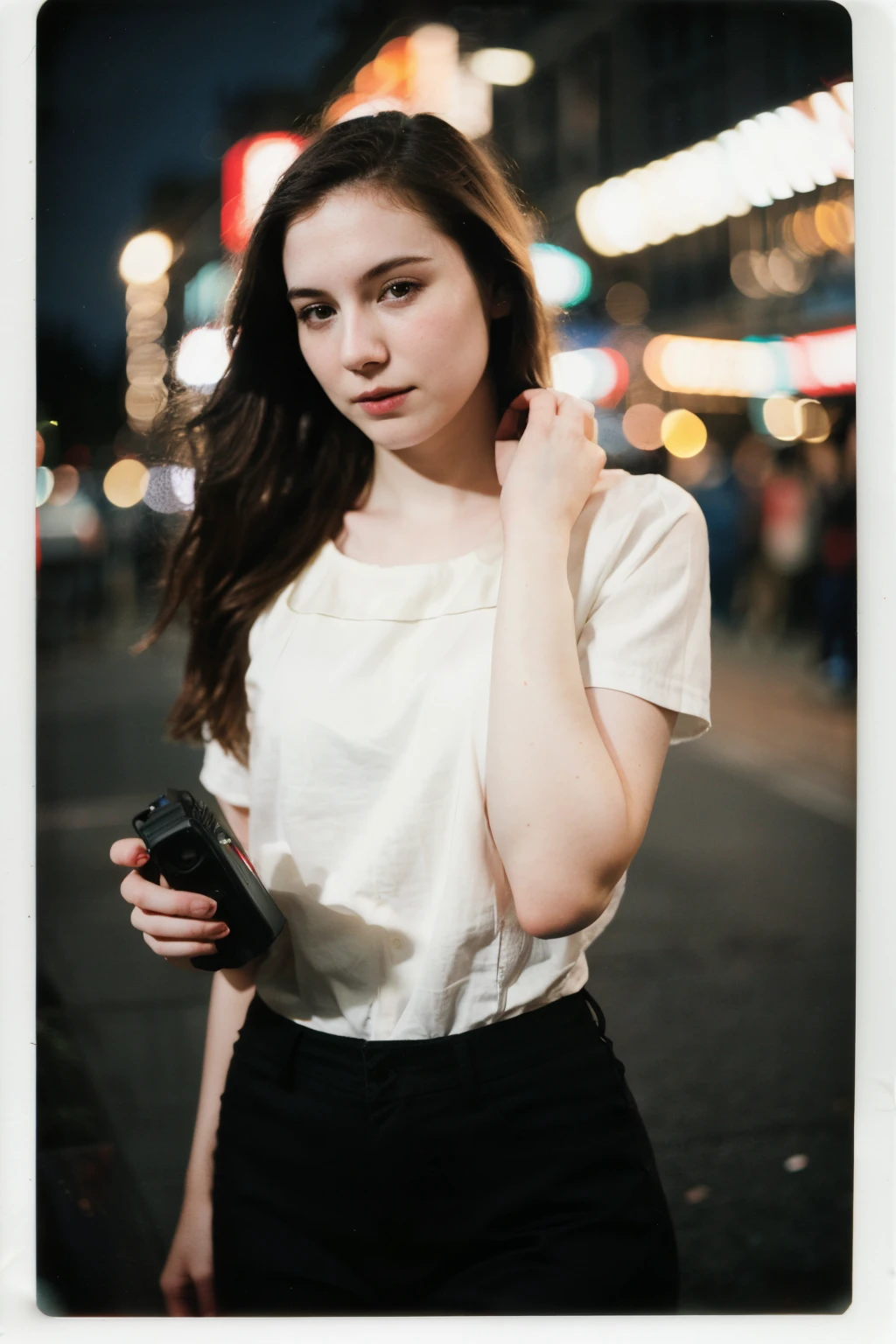 polaroid photo, night photo, photo of 24 y.o beautiful woman, pale skin, bokeh, motion blur