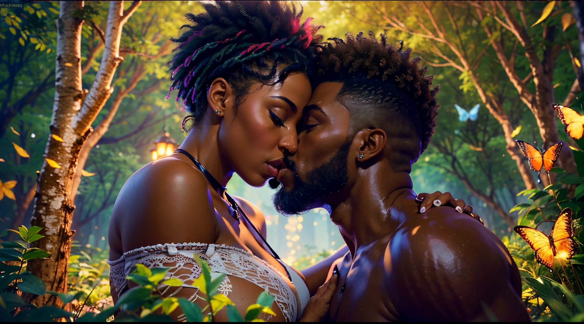 photorealistic, African American couple, kissing, beautiful, dark skin, sexy, (Best quality, 8k, 32k, Masterpiece, UHD), no shirt, 32K wallpaper, romantic forest background, big ass, voluptuous, thick body figure, big lips, glowing skin, nighttime, neon fireflies, passion, affectionate, neon butterflies, night time