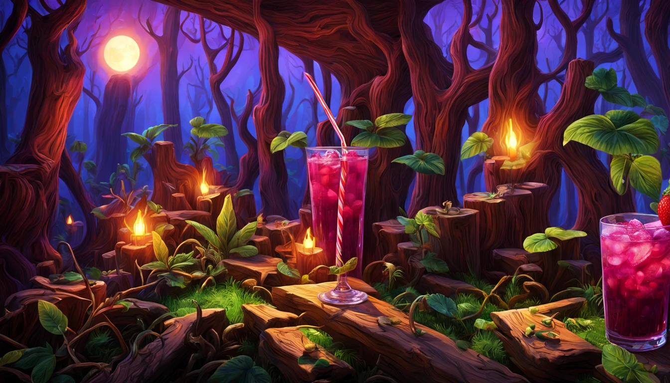 a purple glowing ***___Blueberry and Strawberry Daquarri Cocktail___*** glows in the dark, in the style of imaginative fantasy landscapes, ***___on the balcony of a Rustic Jazz bar, Epic Gas Swamp Background,___*** detailed character design, hyper-realistic details, atmospheric woodland imagery, lightbox, colorful woodcarvings, uhd image, very cool, colorful straws, isometric 3D, octane rendering, ray tracing, very detailed