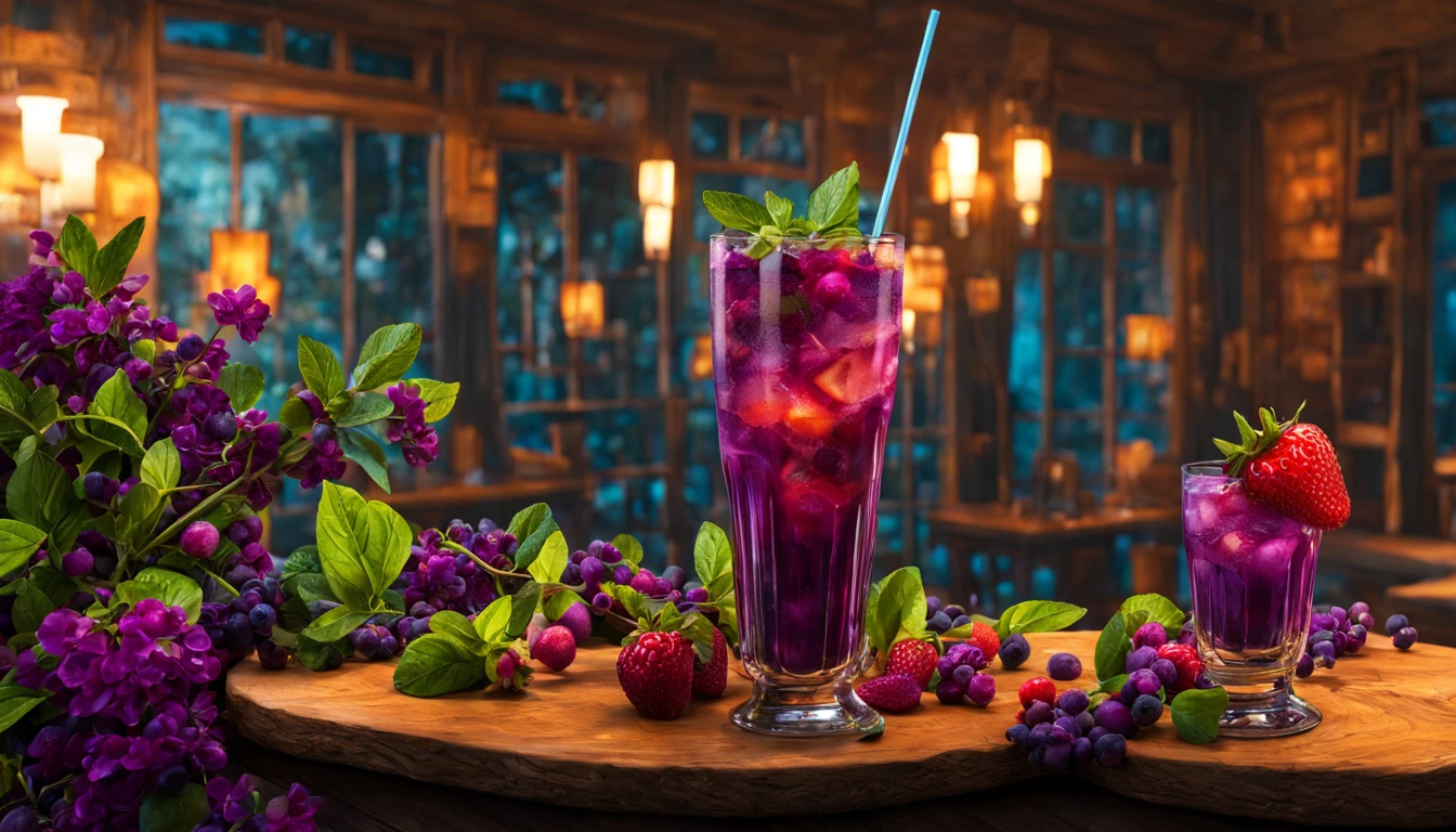 a purple glowing ***___Blueberry and Strawberry Daquarri Cocktail___*** glows in the dark, in the style of imaginative fantasy landscapes, ***___on the balcony of a Rustic Jazz bar, Epic Gas Swamp Background,___*** detailed character design, hyper-realistic details, atmospheric woodland imagery, lightbox, colorful woodcarvings, uhd image, very cool, colorful straws, isometric 3D, octane rendering, ray tracing, very detailed