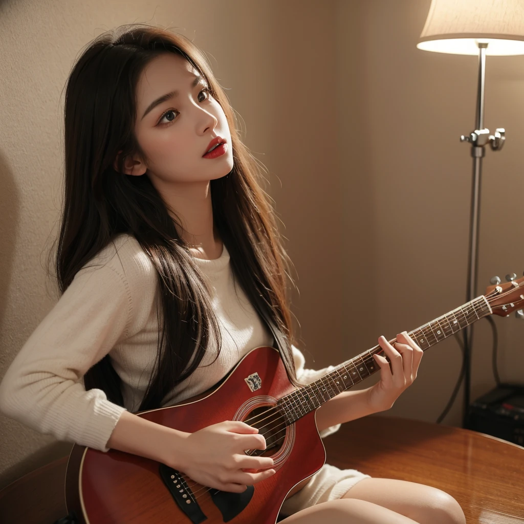 A girl alone in a messy room, playing guitar, with a focus on her mouth. She has perfectly applied red lipstick and her lips are slightly parted as she sings along with the music. The room is filled with scattered clothes, empty coffee cups, and posters of her favorite bands on the walls. The atmosphere is dimly lit, with soft warm light coming from a small lamp on the bedside table. The walls are painted in shades of deep purple, giving the room an artistic and cozy feel. The girl's long hair flows down her back, and her expressive eyes shine with passion as she strums the guitar strings. The focus of the image is on her lips, capturing the emotions and intensity of her singing. The overall quality of the image is of the best quality, with sharp focus and vivid colors. The artwork style combines elements of realism and photography, highlighting the detailed features of the girl's face and mouth. The colors are rich and vibrant, with a slightly warm and moody tone. The lighting emphasizes the girl's face and the guitar, casting soft shadows and adding depth to the room.