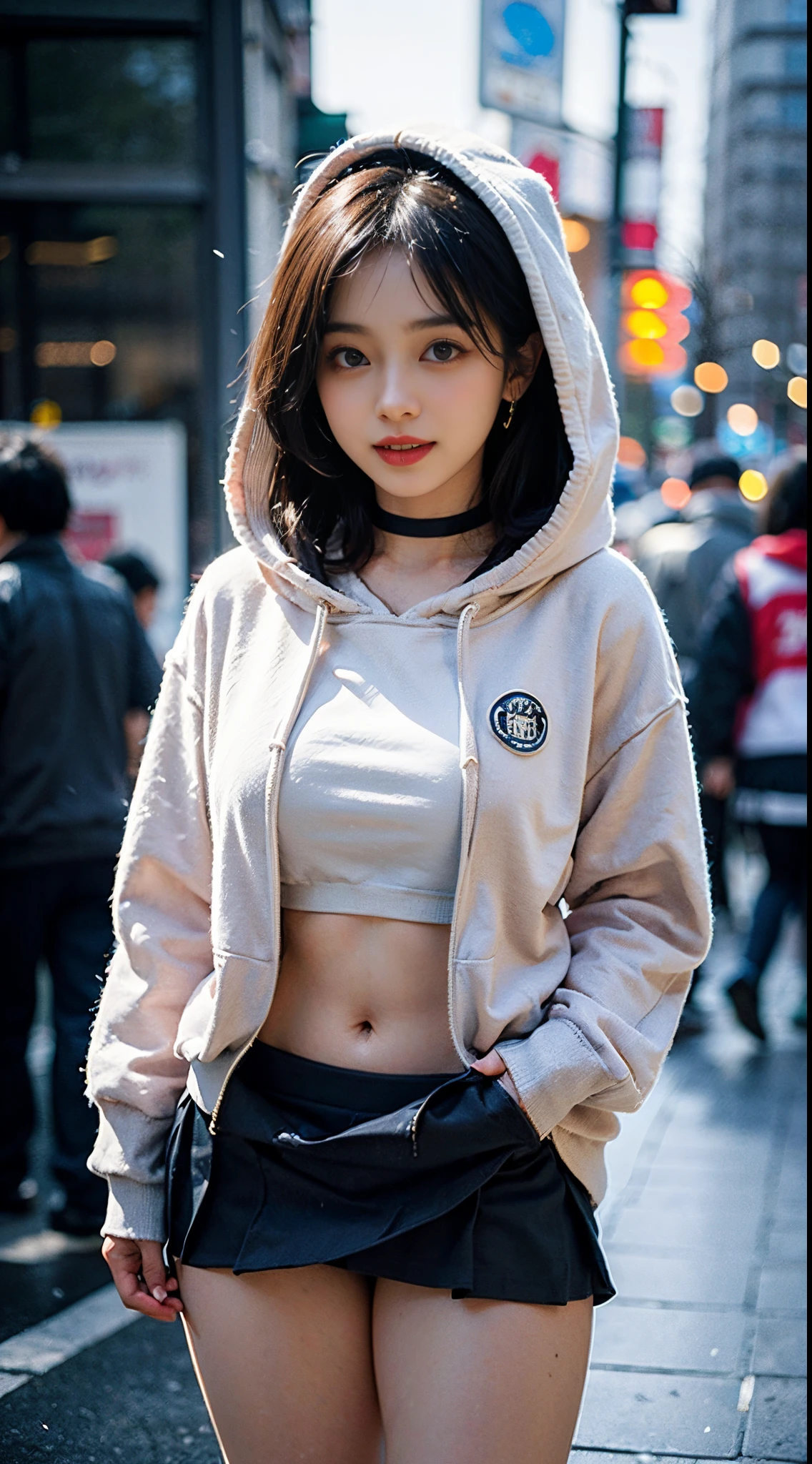 ((8K)),Film photography, 1 girl, (Hoodie:1.2), (short skirt), upper legs, navel,necklace, Earrings, Seductive smile, Medium breast, full bodyesbian, drunk blush:1.5, black wavy shoulder-length hair, serene, calm, (Realistic detailed eyes, Natural skin texture, Realistic face details), Soft dramatic lighting, Depth of field, Bokeh, vibrant detail, finely detailed, Hyperrealistic,20yr old, ((skirt lift by yourself)), (Skirt lift), (Panties , panty focus), Blush, parted lip, view the viewer ,(Clear eyes,Clear nose,Clear lips,Fair skin) ,(Tokyo streets ,Falling snow),