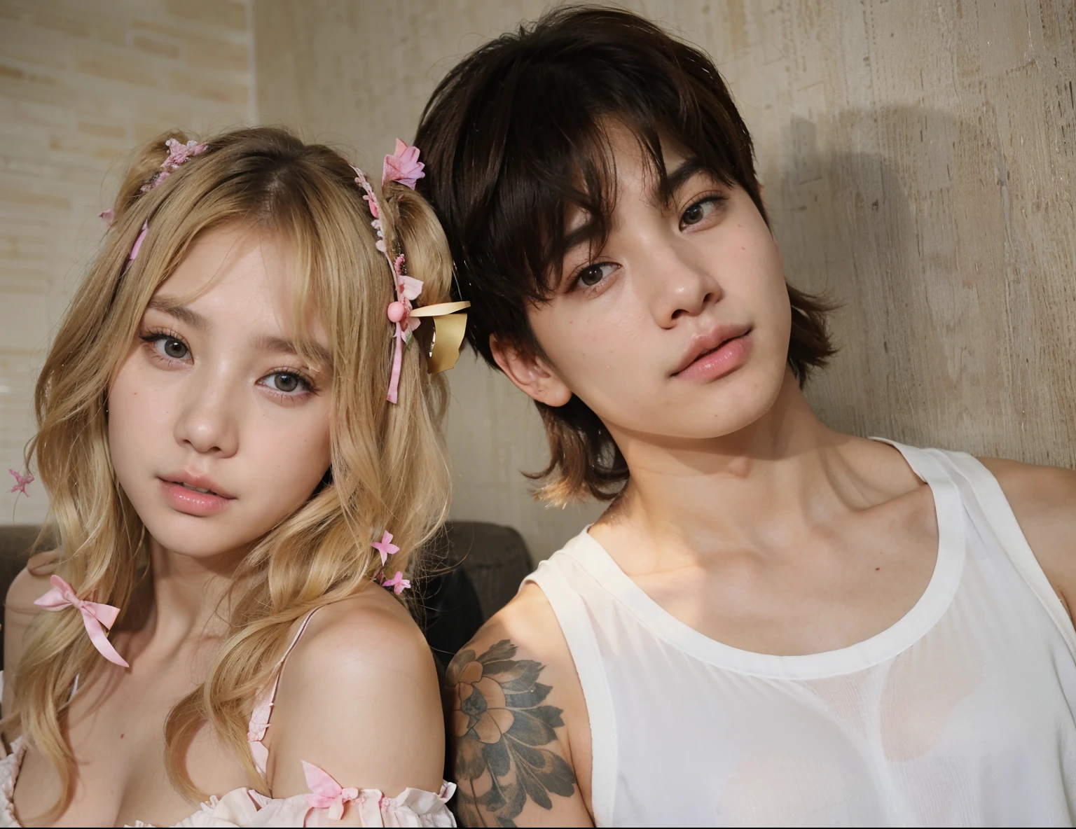 BTS's Jungkook posing with a blonde-haired Korean ulzzang girl