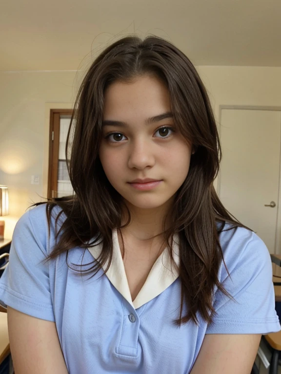 A natural face 15yo, with sexy school uniform, in room, round face,
